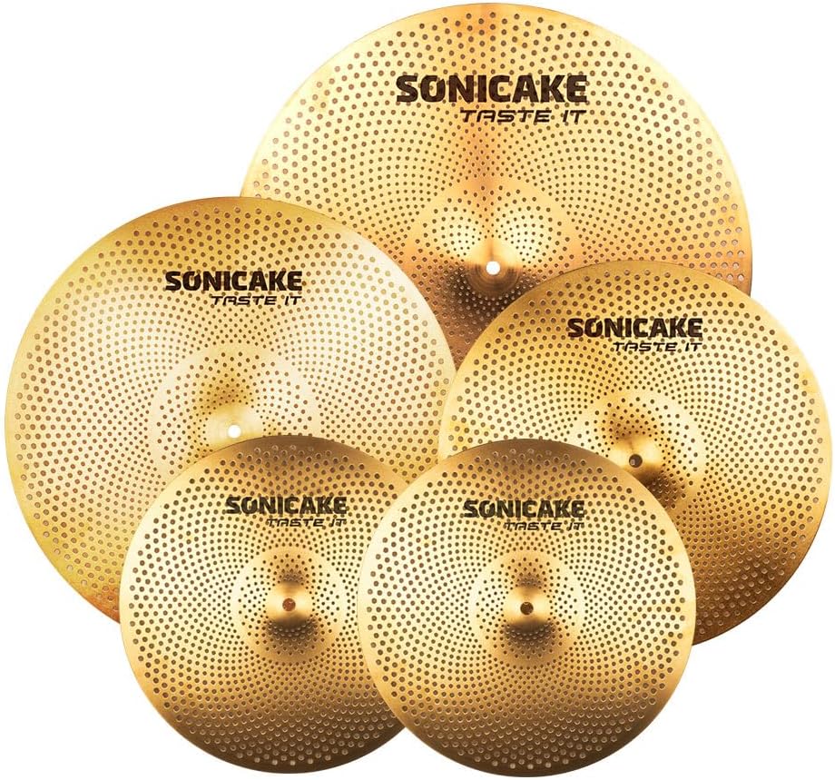 SONICAKE Low Volume Cymbal Pack Quiet Cymbal Set 14" Hi-Hat+16" Crash+18" Crash+20" Ride Cymbal Practice Set of 5pcs Golden