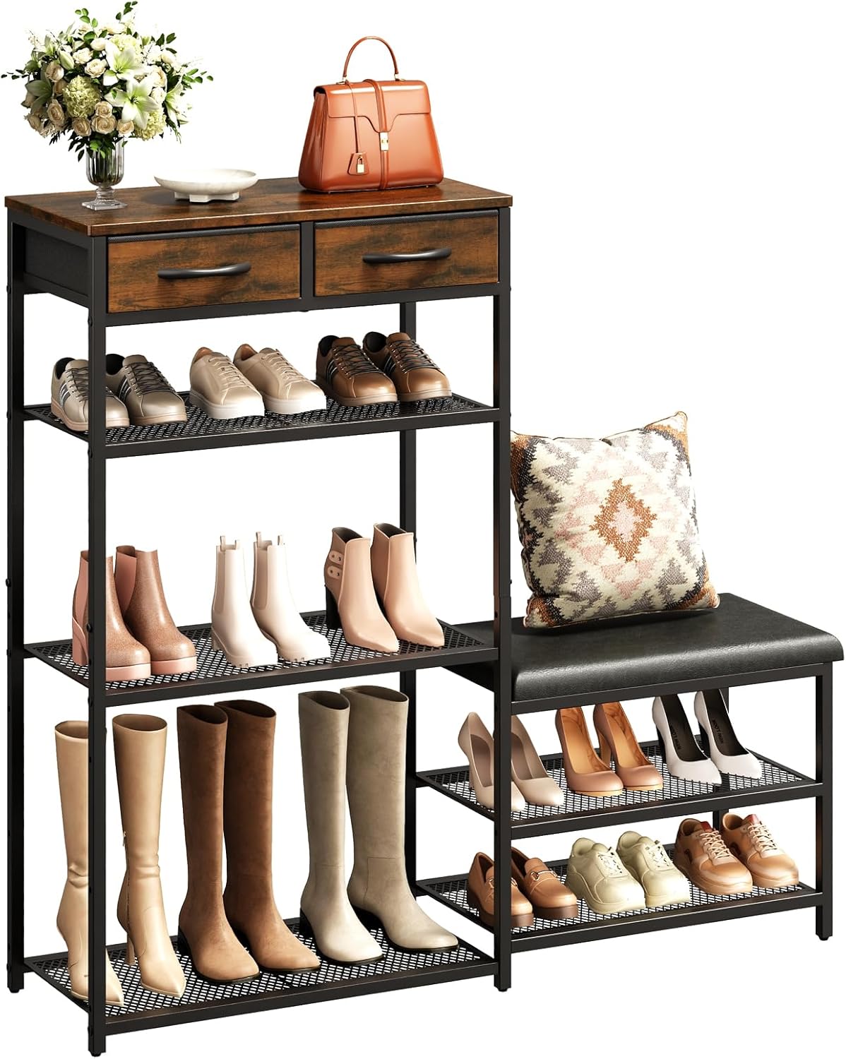Shoe Rack Bench with Soft Cushioned Seat, 5-Tier Shoe Storage Organizer for Entryway and Closet, 44.3" x 11.8" x 41.7", Comes with 2 Drawers and Adjustable Lift Feet