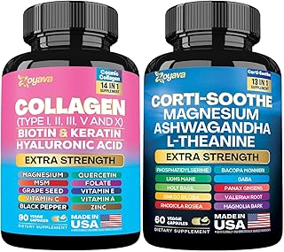 Zoyava Shining Serenity Set - Cortisol Support with Ashwagandha, L-Theanine, Magnesium, Lions Mane, Holy Basil & Collagen Type I, II, III, V, X with Biotin, Hyaluronic Acid, Keratin, and Folate