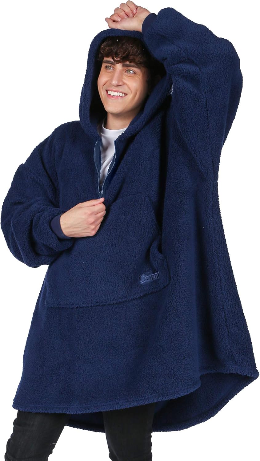 THE COMFY Teddy Bear Quarter-Zip | Sherpa Wearable Blanket with Quarter Length Zipper, Oversized Design with Hood and Pocket, From Shark Tank, for Women & Men, Warm and Cozy Gifts