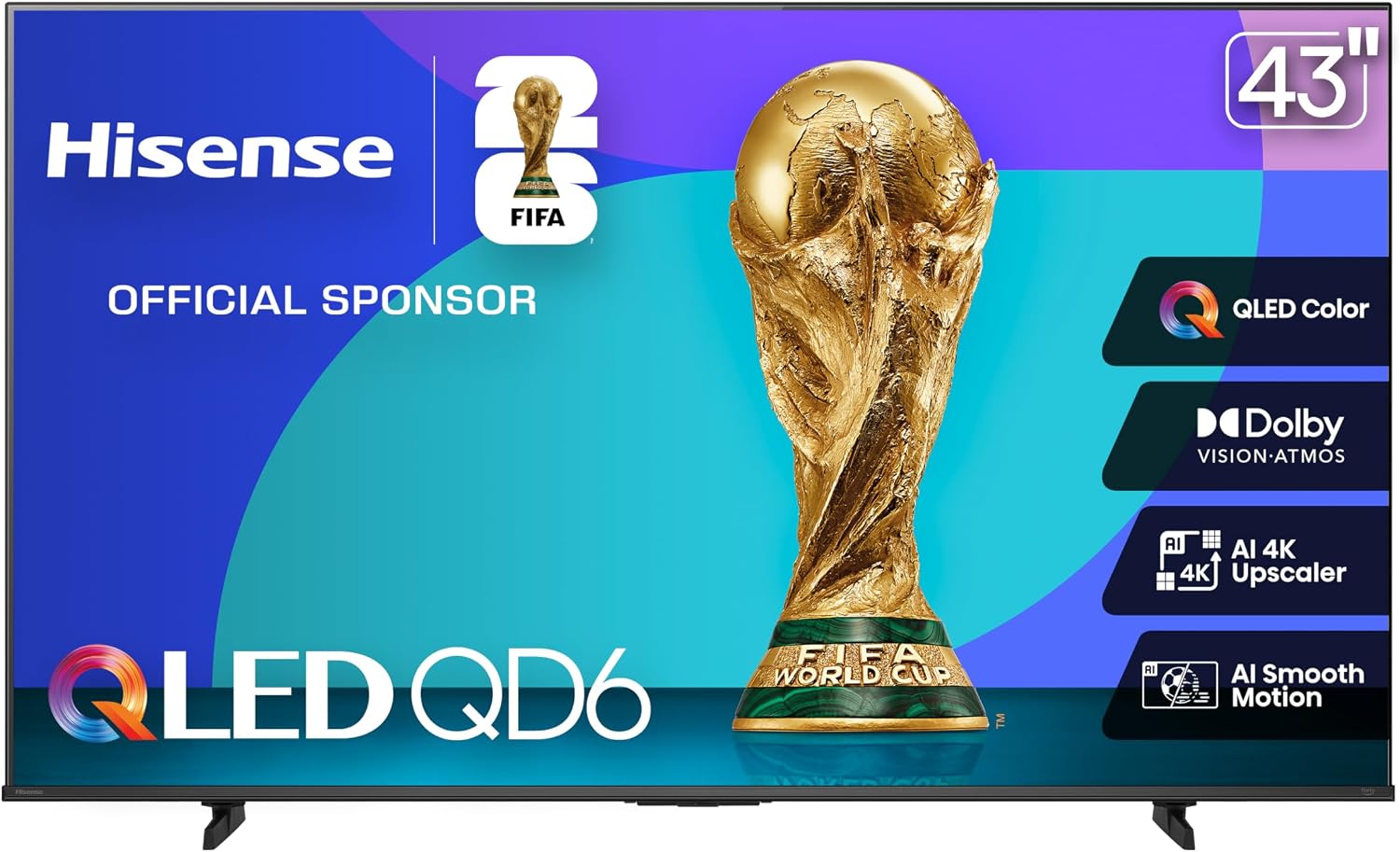 Hisense 43" Class QD6 Series (43QD6QF, 2025 Model) QLED 4K UHD Smart Fire TV, Voice Remote with Alexa, Dolby Vision, Dolby Atmos, Motion Rate 120, HDR 10+, Game Mode Plus, MEMC, VRR, ALLM