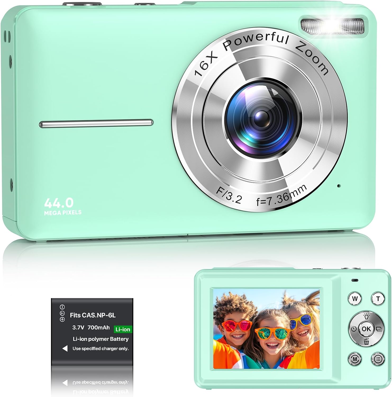 Digital Camera 1080P FHD Compact Digital Camera 44MP Portable Mini Small Photo Camera with 2.4" LCD Screen, 16X Digital Zoom and 1 Battery Vlogging Camera for Kids, Girls, Boys-Green (No SD Card)