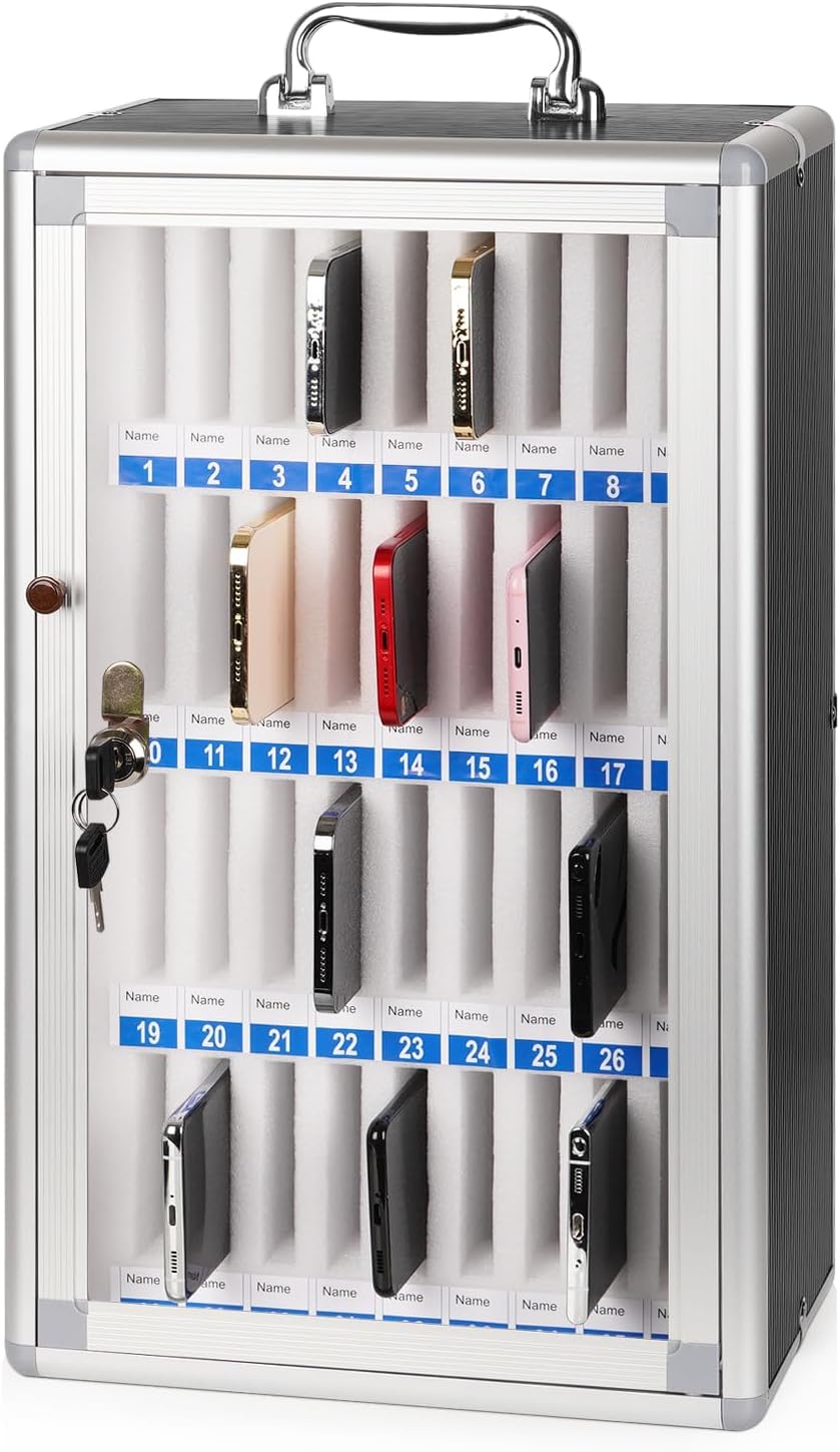 36 Slots Aluminum Alloy Pocket Chart Storage Cabinet for Cell Phones, Wall-Mounted with a Locked, Can be Carried by Hand