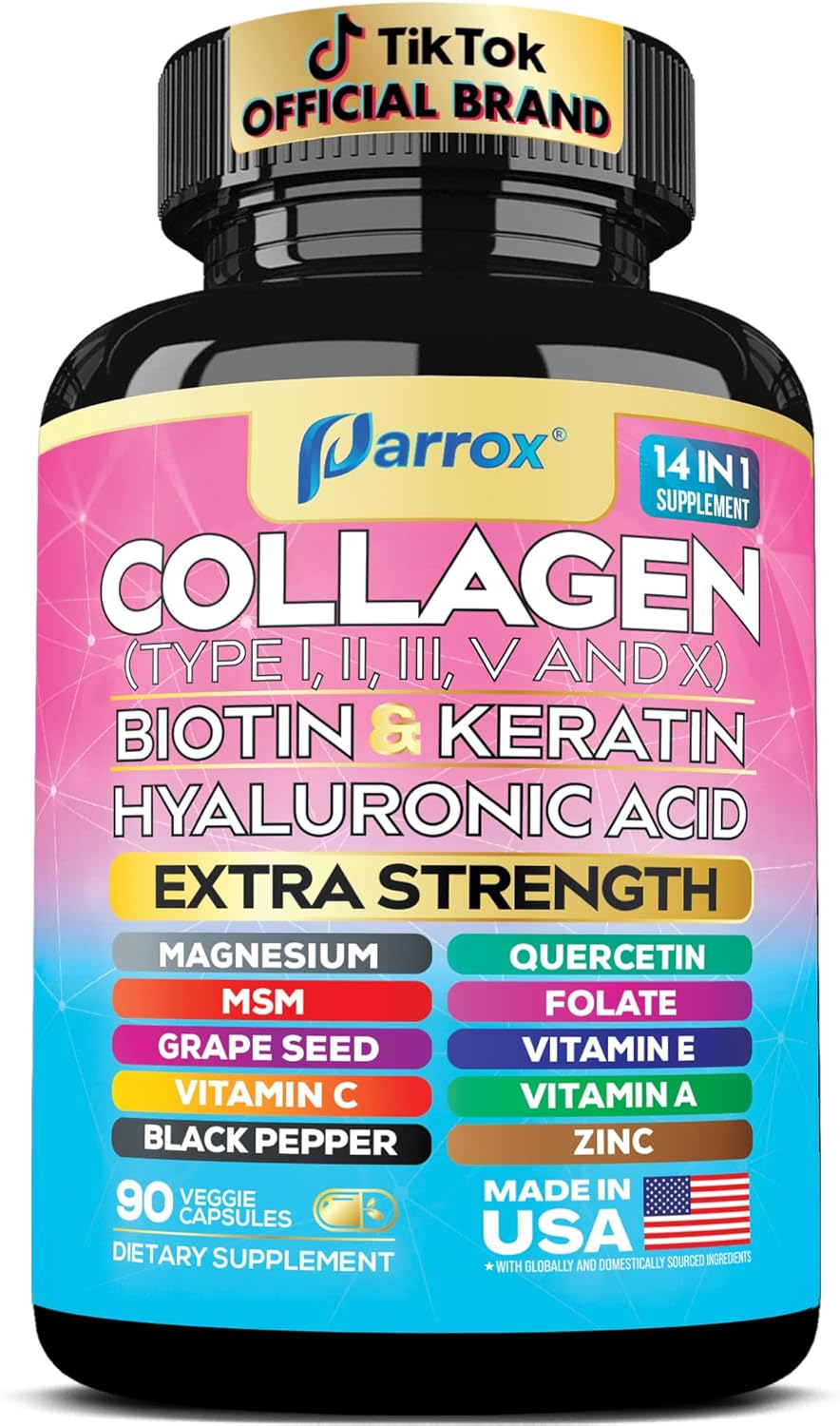 Collagen Peptides Types I, II, III, V & X, MCG Biotin, Keratin, Hyaluronic Acid, MSM, Zinc, Grape Seed Extract, Quercetin, Vitamin A, Vitamin C, Vitamin E, Magnesium, Folic Acid (90 Capsules)