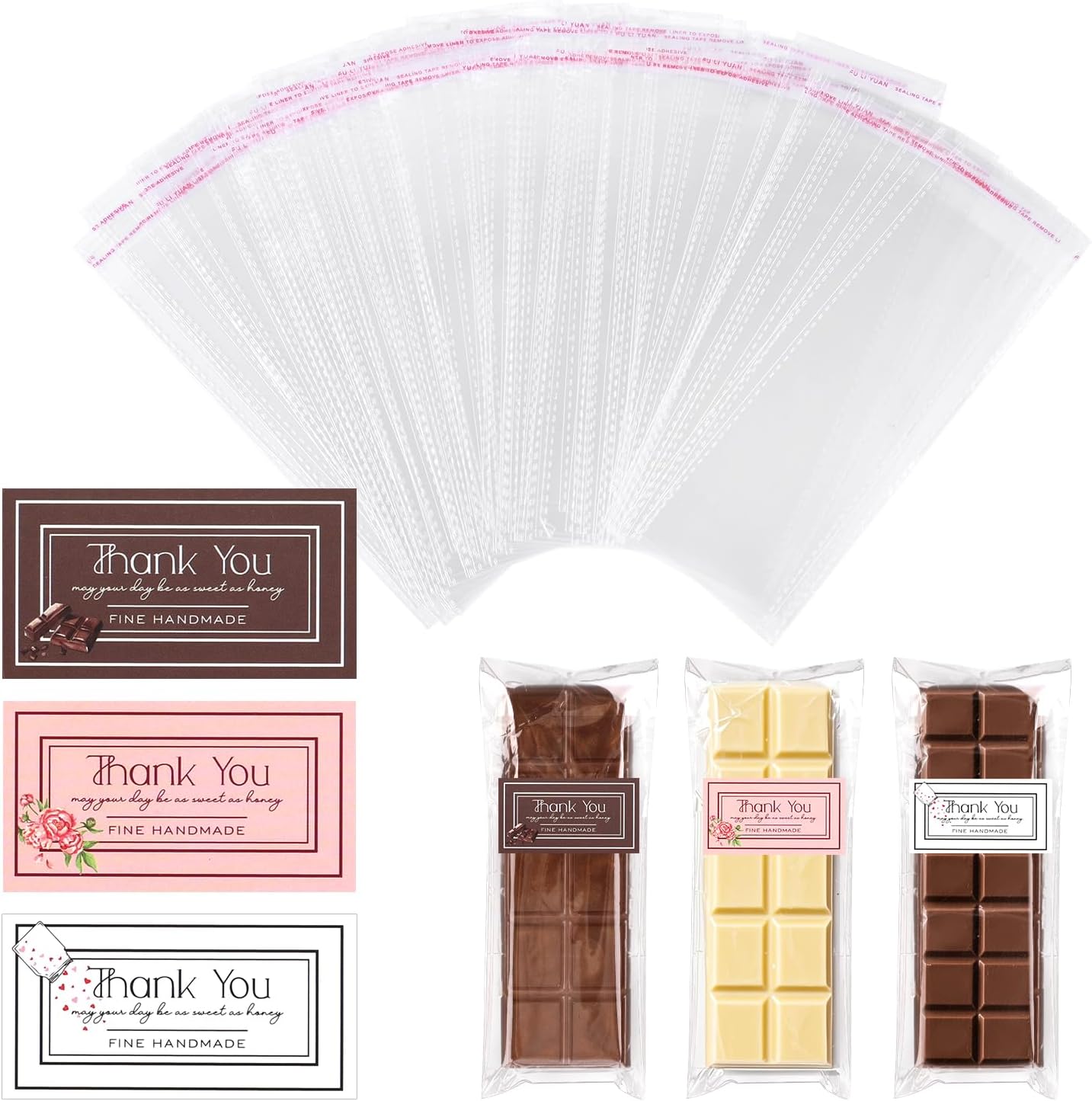 Tinoaly 100pcs Chocolate Bar Packaging, Candy Bar Wrappers with 100 Thank You Stickers Self Sealing Dessert Wax Melts Packaging Supply for Party Home Picnic Cake Shop