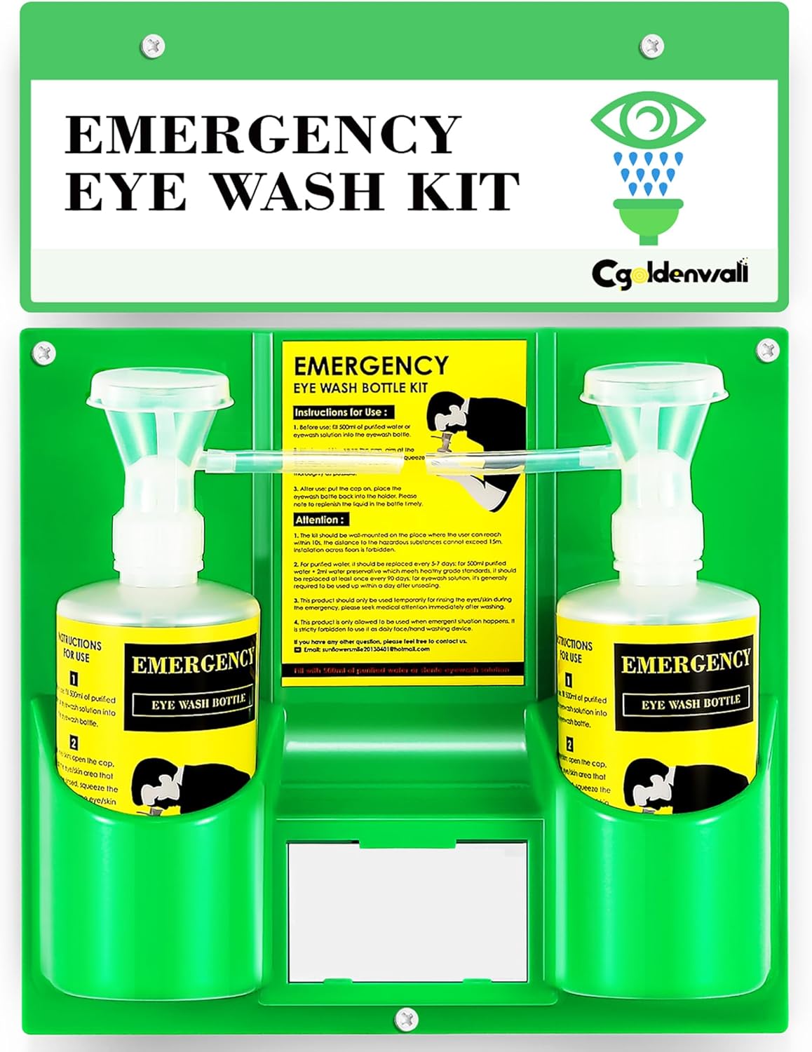 CGOLDENWALL Eye Wash Station Portable Emergency Eye Wash Kit, Wall Mounted Eyewash Station OSHA Approved, 2 * 16.9oz Bottles, with Mirror & Emergency Sign, Safety Material, NO Solution