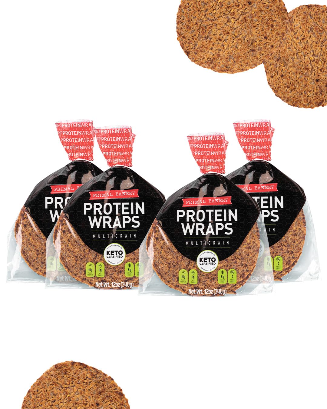 Primal Bakery Multigrain Protein Wraps. 5-Count. 4 pack (20 Wraps Total) | 15g Plant-Based Protein per Wrap | 5g Gut-Friendly Fiber, 0g Added Sugar | Vegan, 5g Net Carbs, Keto-Certified