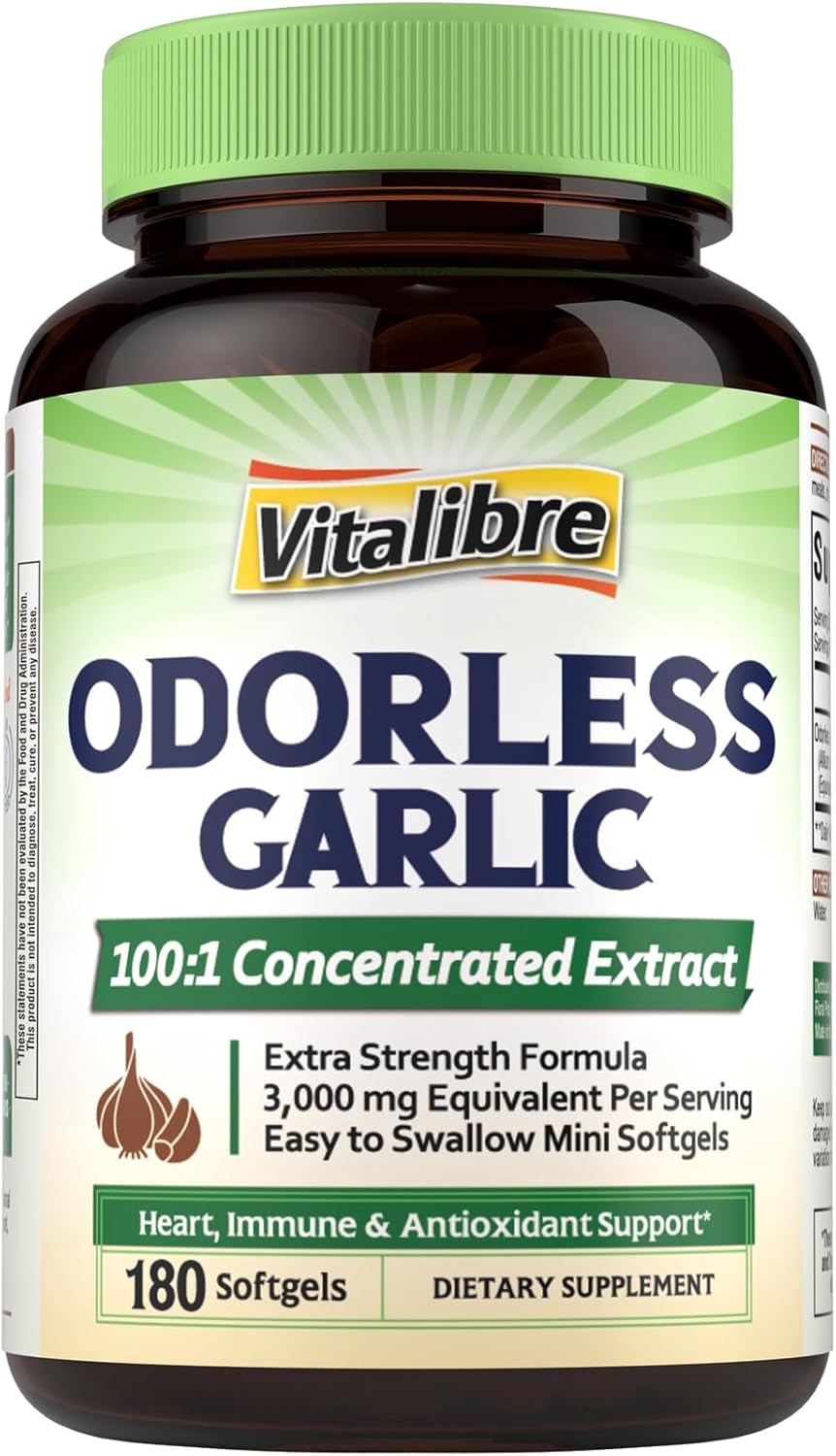Odorless Garlic, 3,000mg Equivalent Per Serving, Extra Strength 100:1 Extract, Non-GMO, No Gluten, Heart & Immunity, Antioxidant Defense, 180 Softgels