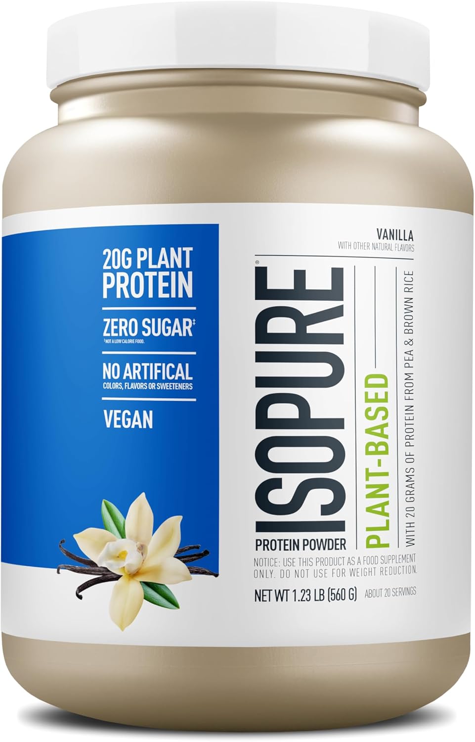 Isopure Plant-Based Protein Powder, Lactose Free, Gluten Free, With Iron, Vanilla, 20g Plant Protein Per Serving, 1.23 Lbs, 20 Servings