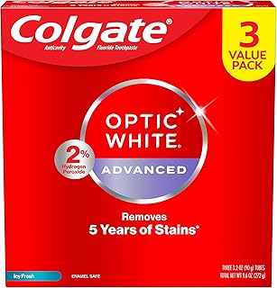 Colgate Optic White Advanced Hydrogen Peroxide Toothpaste Pack, Teeth Whitening Toothpaste, Enamel-Safe Hydrogen Peroxide Formula, Helps Remove Tea, Coffee, and Wine Stains, Icy Fresh, 3 Pack, 3.2 oz