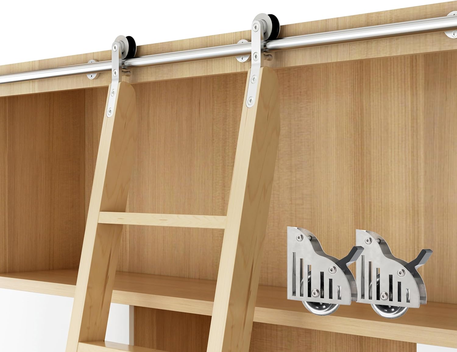 DIYHD 10FT Sliding Library Ladder Hardware,Bookcase Rolling Ladder Kit,Bottom Wheel with Brake,Stainless Steel,MAX Load Capacity 300lbs