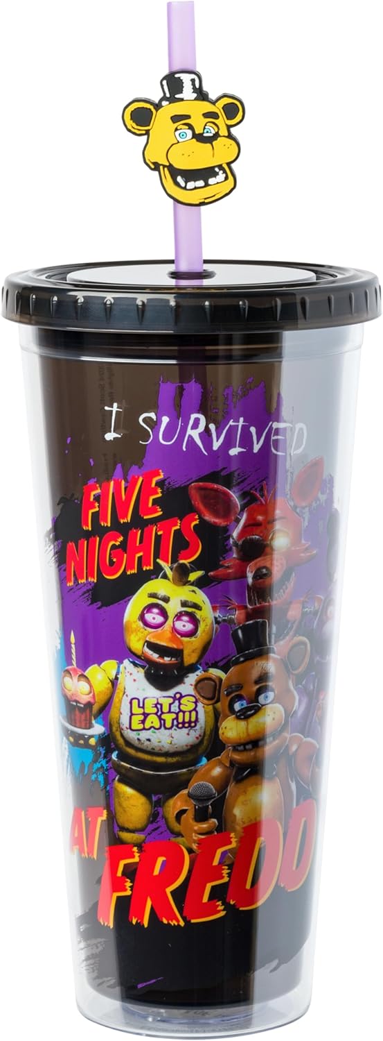 Silver Buffalo Five Nights at Freddy's I Survived Plastic Cold Cup with Lid and Topper Straw, 24 Ounces