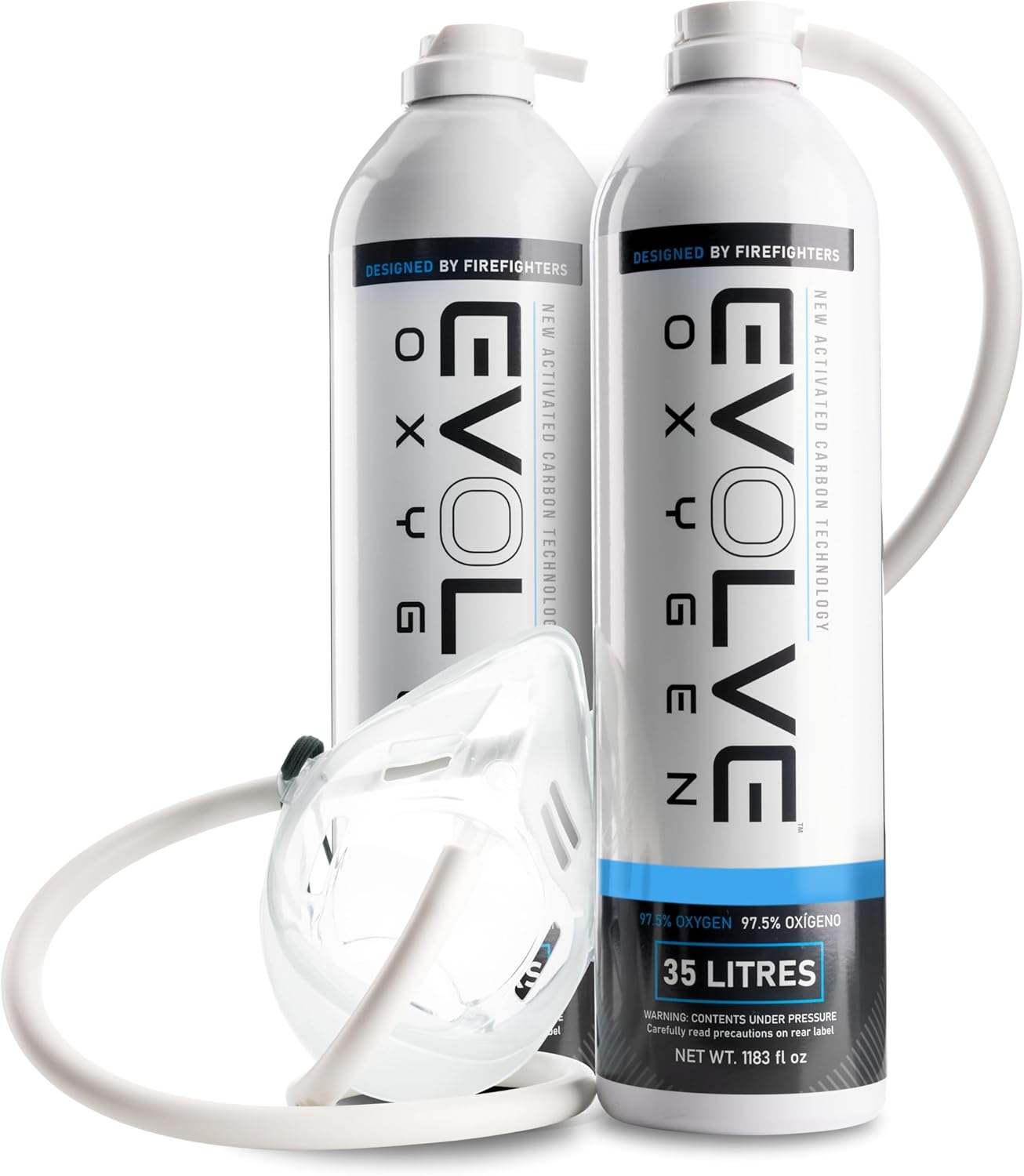 EVOLVE 35-Litre Pure Oxygen Canister with Mask and Tube | Portable Oxygen Can | Ideal for Home Use and Outdoor Activities | Designed by Firefighters | Made in Britain | Pack of 2