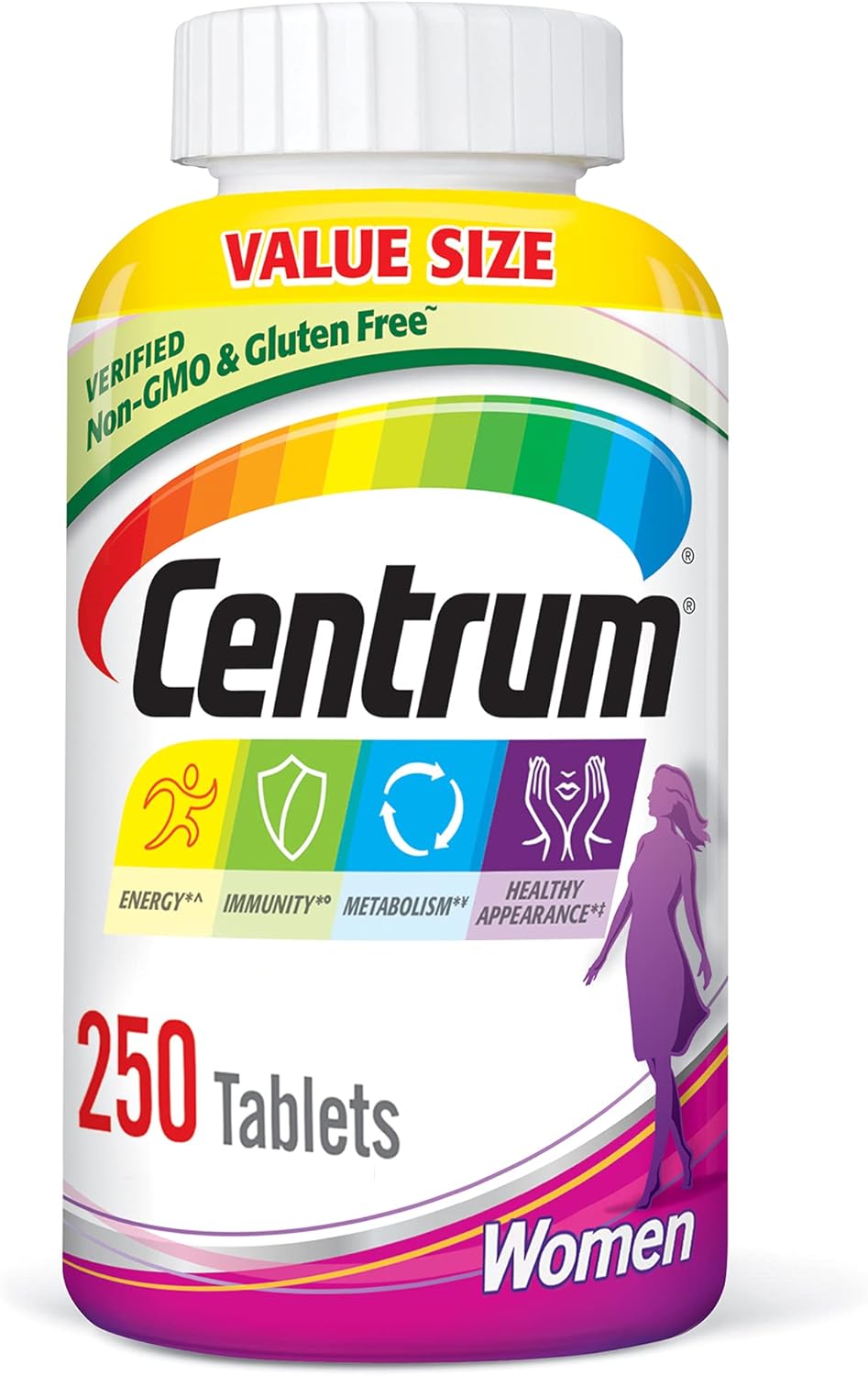 Centrum Multivitamin for Women, Multivitamin/Multimineral Supplement with Iron, Vitamin D3, B Vitamins and Antioxidant Vitamins C and E, Tablet, Gluten Free, Non-GMO Ingredients - 250 Count