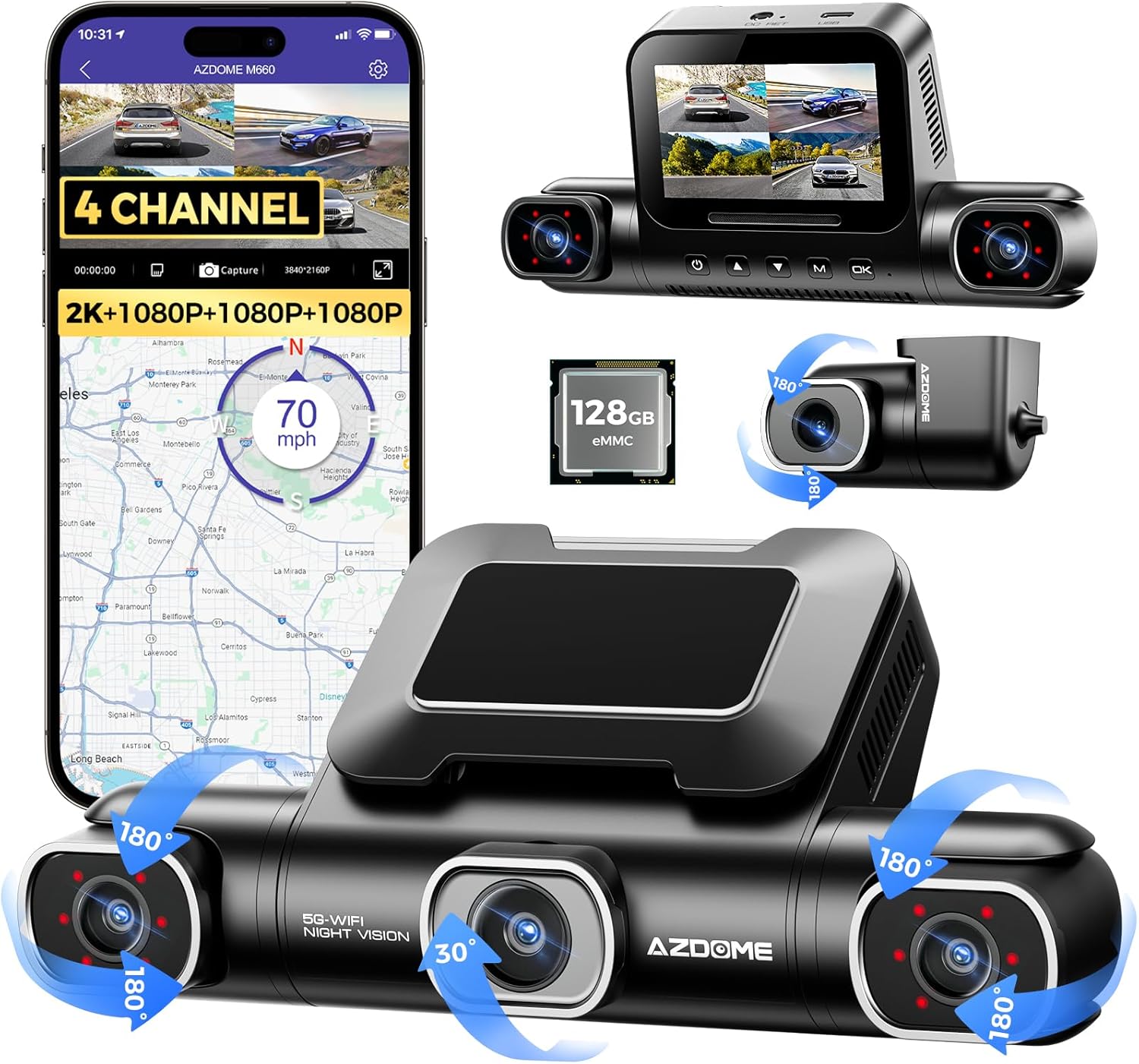 AZDOME 360° 4 Channel Dash Cam Front and Rear Inside, Built-in 128GB eMMC, 2K+1080P*3 Dashcam, Left Right, Voice Control, 5G WiFi Dash Camera for Cars with 4 Adjustable Lenses, IR Night Vision, M660
