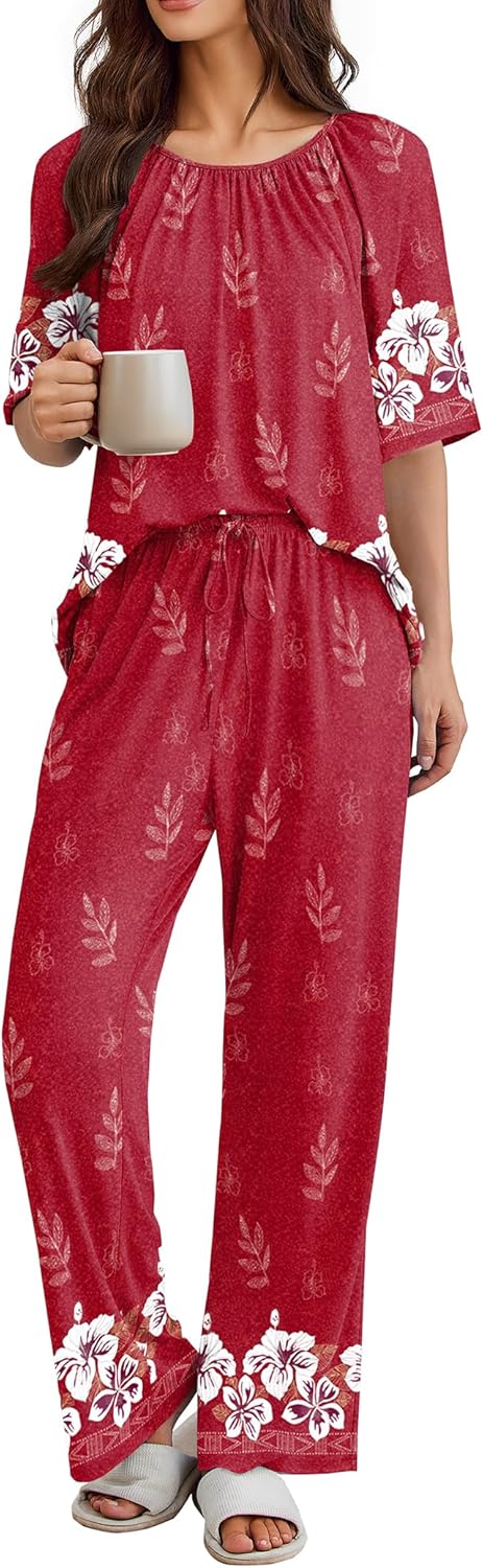Ekouaer Pajamas for Women Set Short Sleeve Printe Lounge Sets Soft Pjs Round Neck Loungewear with Pockets S-XXL