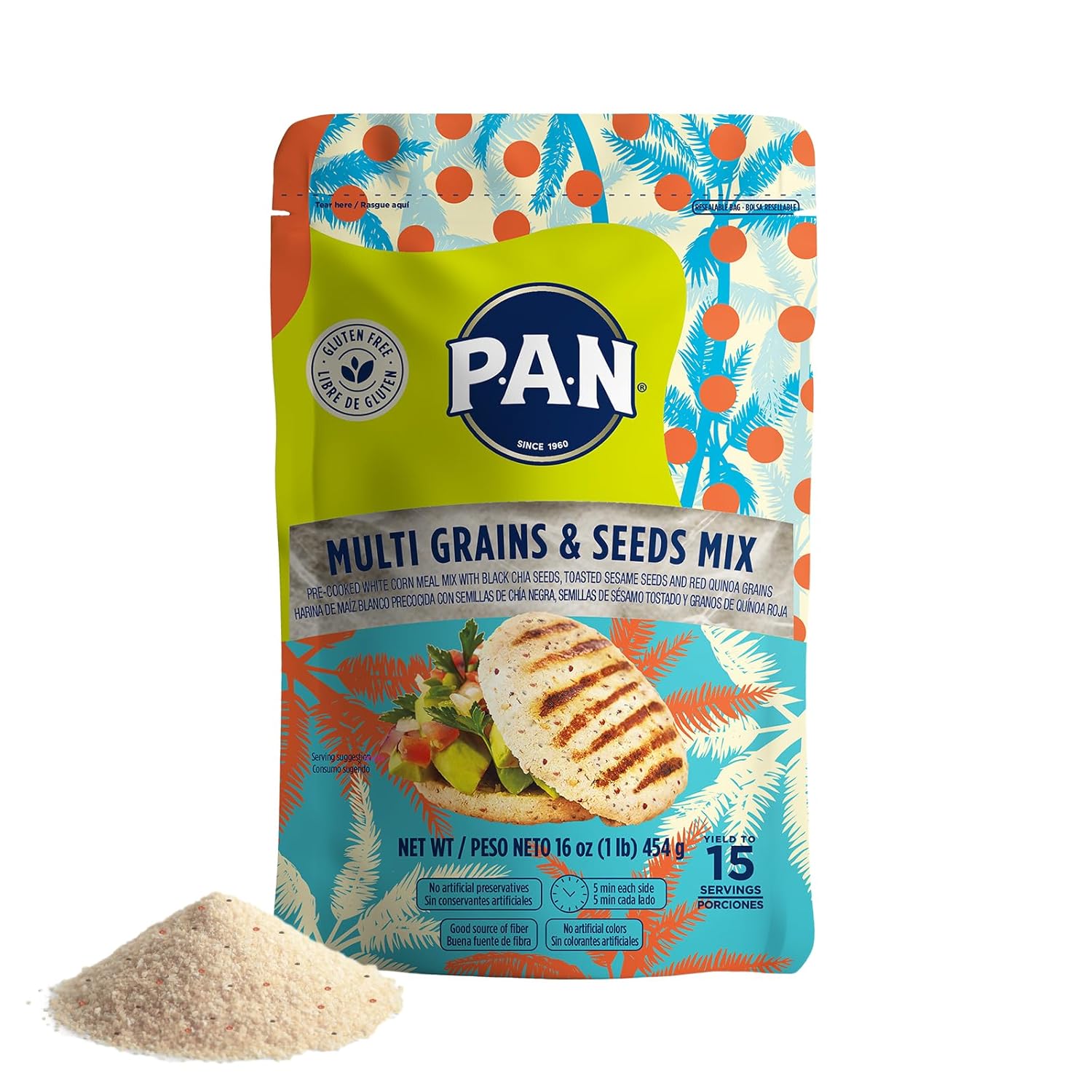 P.A.N. Multi Grains & Seeds Mix – White Corn Meal - Harina Pan Venezolana Pre-cooked Gluten Free Flour with Chia, Sesame & Quinoa for Arepas & More (16 oz – Pack Of 1)