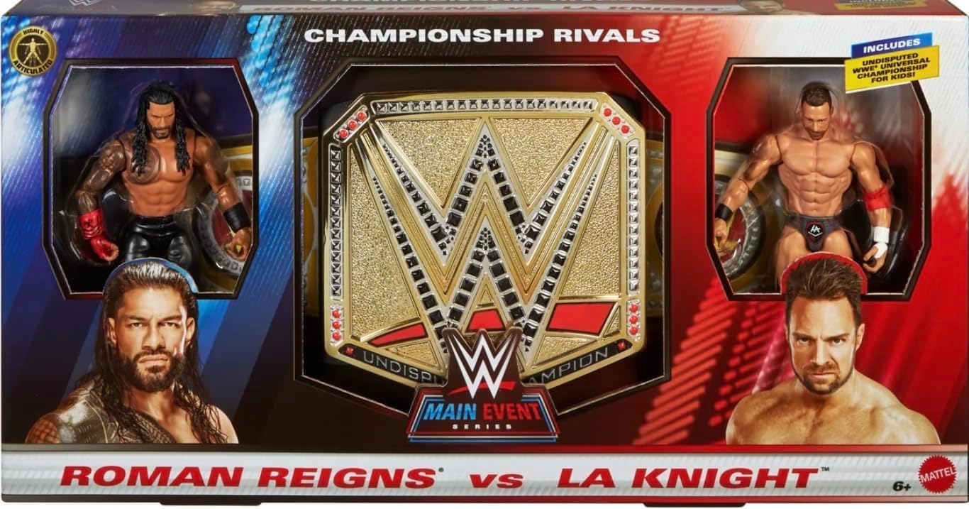 WWE Roman Reigns vs LA Knight Mattel Maint Event Action Wrestling Figures and Undisputed Champion Championship Toy Title Belt Bundle