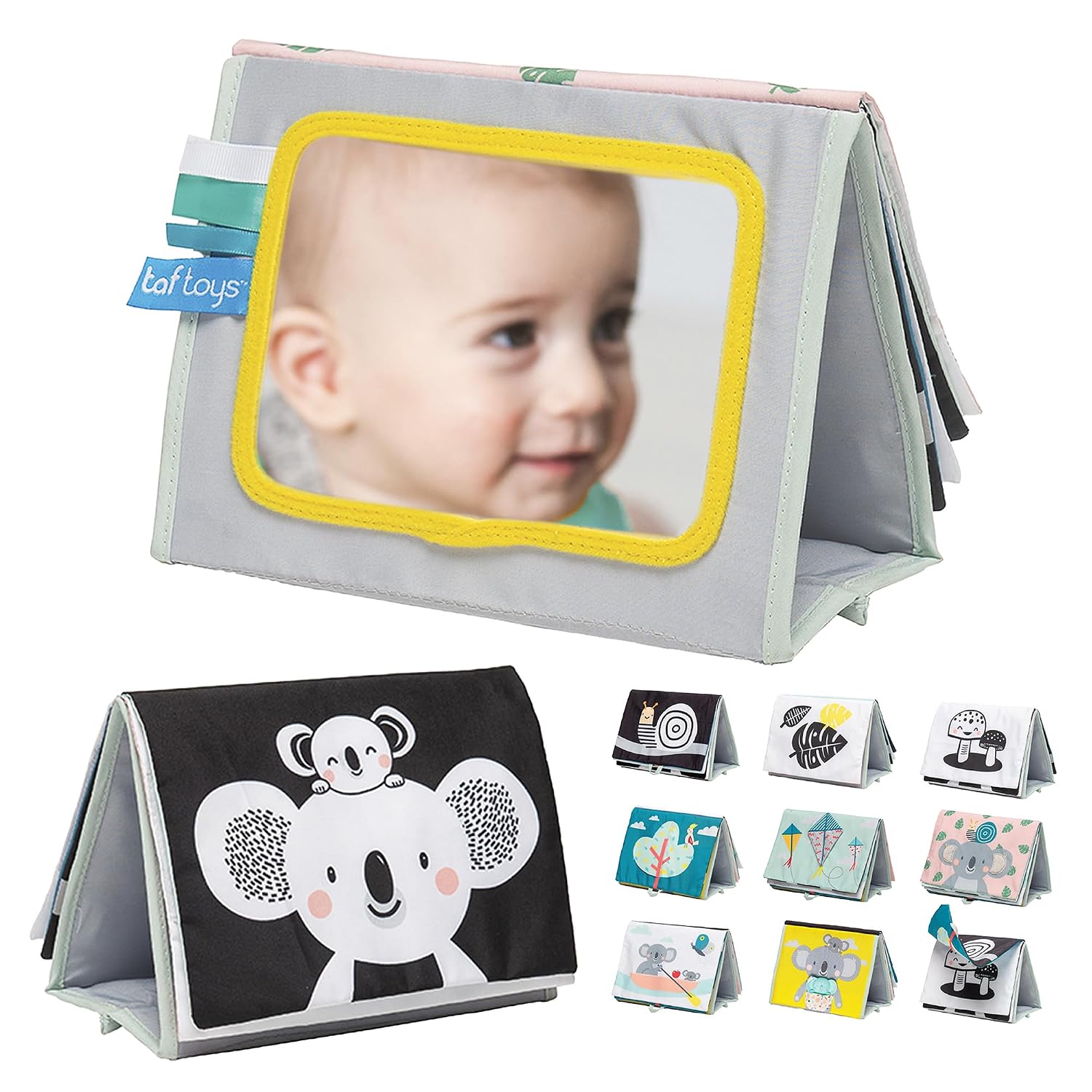 Taf Toys Soft Tummy Time Crinkle Book with Baby Safe Mirror & Koala Teether - High Contrast Montessori Baby Toy for Newborns & Infants - Early Development Sensory Activity