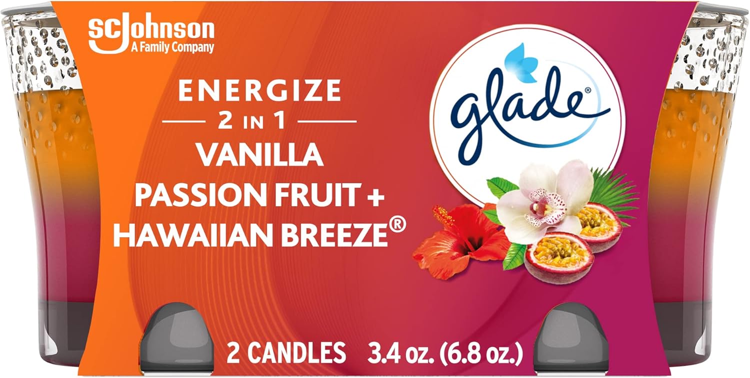 Glade Candle Jar, Air Freshener, 2in1, Hawaiian Breeze & Vanilla Passion Fruit, 3.4 Oz, 2 Count