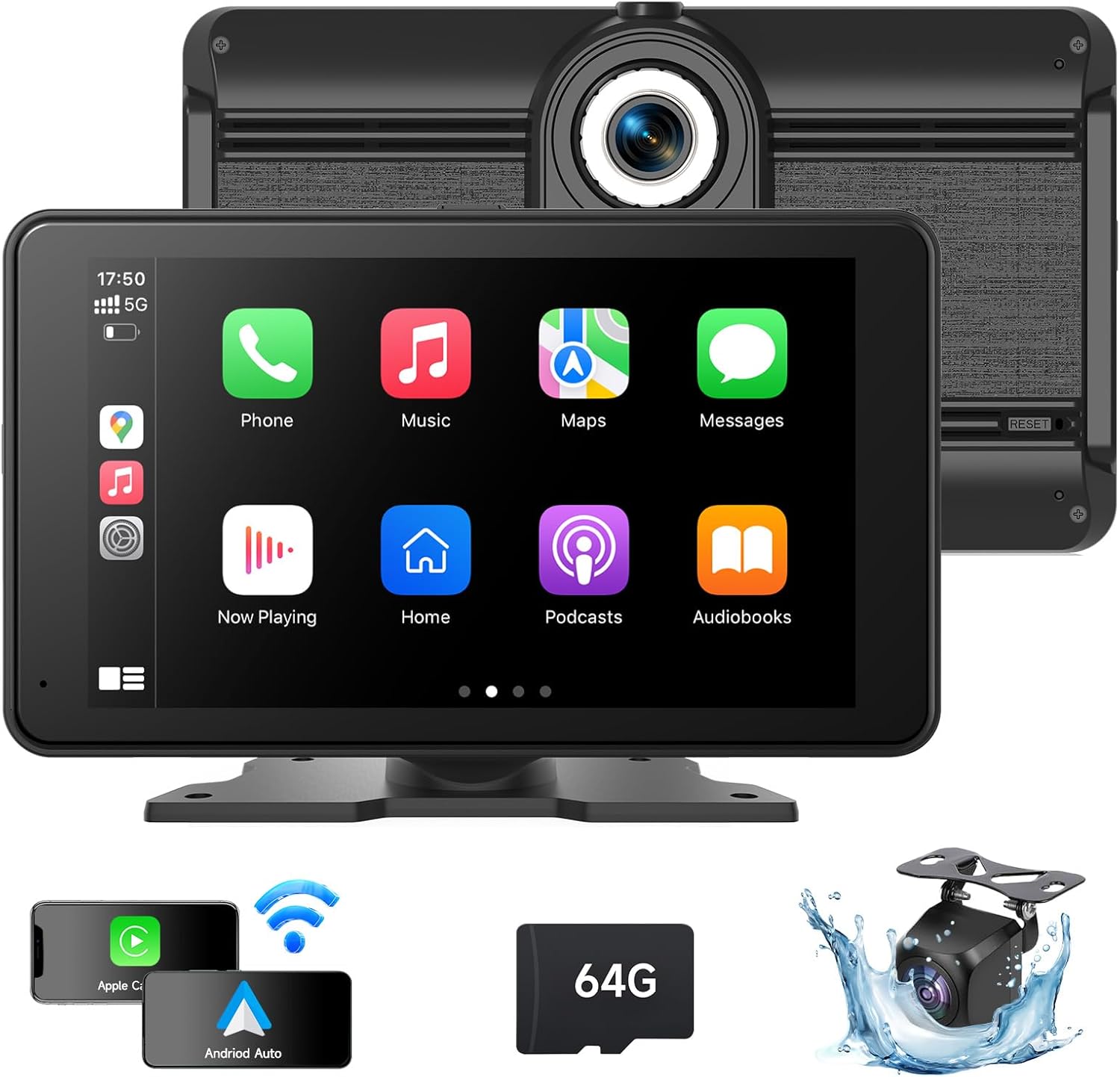 JIUYIN 2024 Apple Car Play Screen for Car, 7" Portable Wireless Android Auto & CarPlay with Backup Camera, 4K Dash Cam, GPS Navigation, Bluetooth, Voice Control, Mirror Link, 64GB Card Included