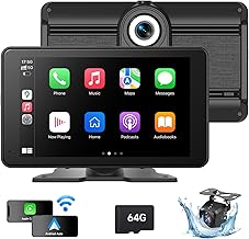 JIUYIN 2024 Apple Car Play Screen for Car, 7" Portable Wireless Android Auto & CarPlay with Backup Camera, 4K Dash Cam, GPS Navigation, Bluetooth, Voice Control, Mirror Link, 64GB Card Included