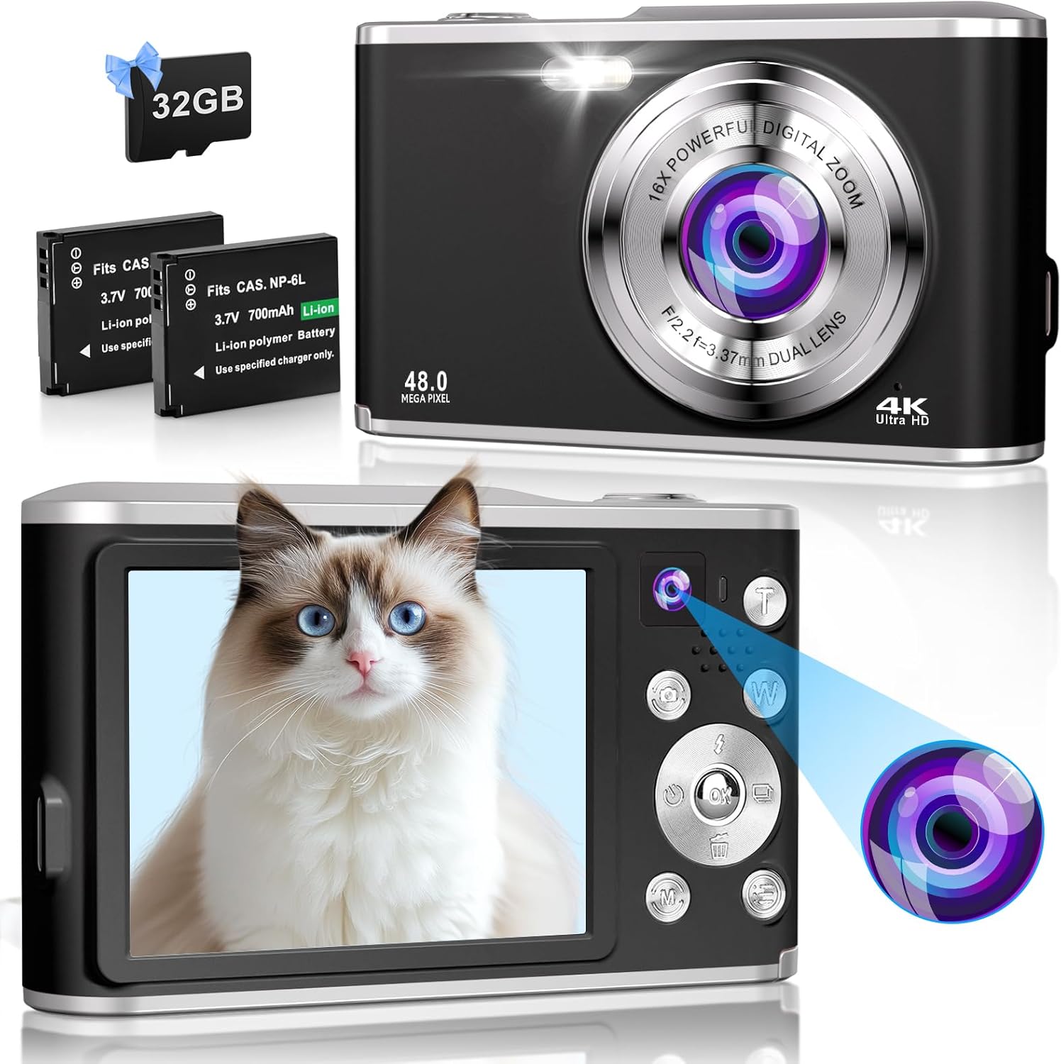Digital Camera 4K 48MP Autofocus Vlogging Camera with Rear and Front Camera for Photography, 16X Digital Zoom Point and Shoot Cameras with 32GB Card & 2 Batteries Camera for Boys Girls Kids - Black