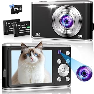 Digital Camera 4K 48MP Autofocus Vlogging Camera with Rear and Front Camera for Photography, 16X Digital Zoom Point and Shoot Cameras with 32GB Card & 2 Batteries Camera for Boys Girls Kids - Black