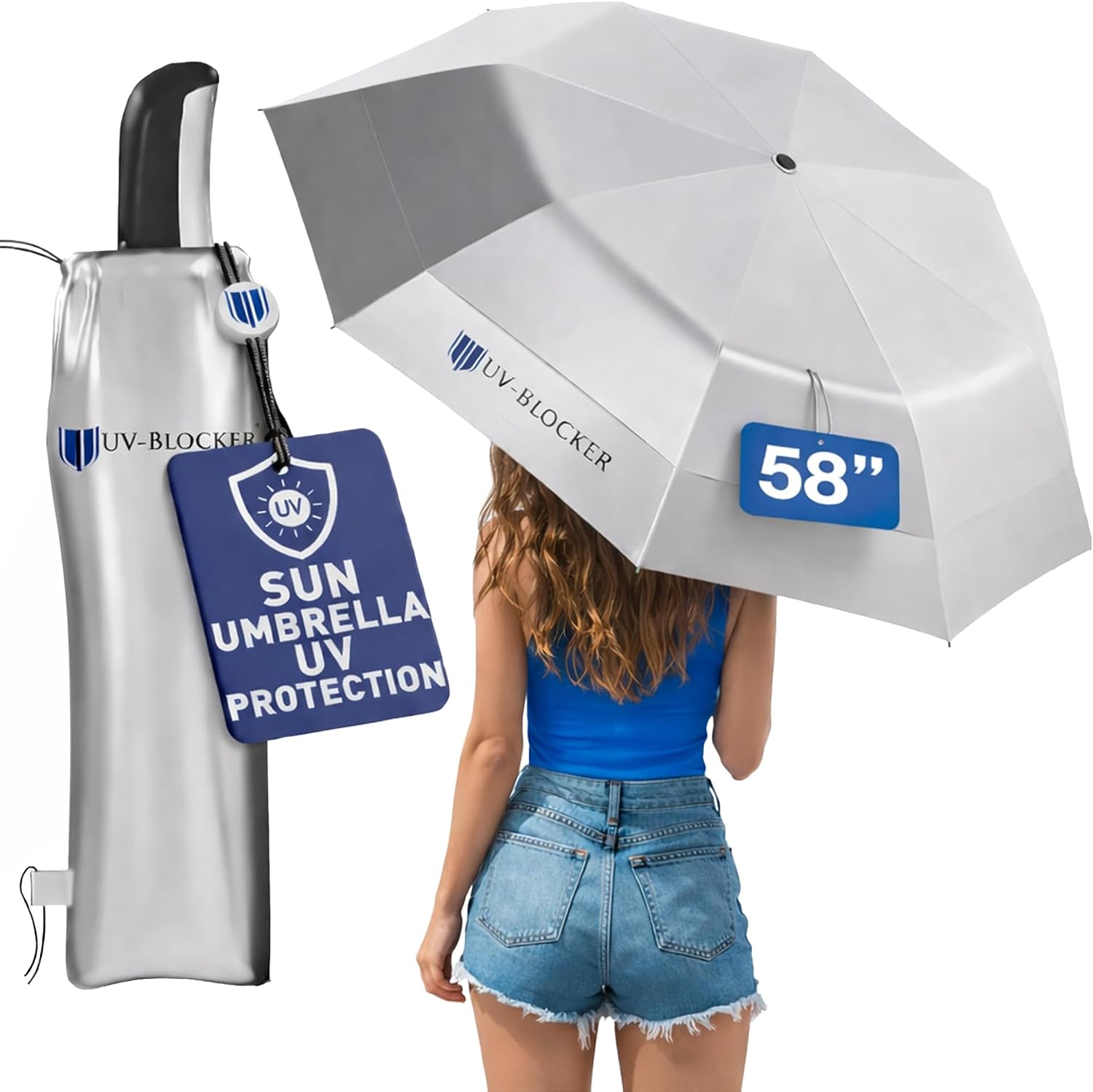 UV-Blocker Sun Umbrella UV Protection Compact - Auto Open/Close - Double Vented Canopy - Wind-resistant Sun Umbrella for Walking - 55+ UPF