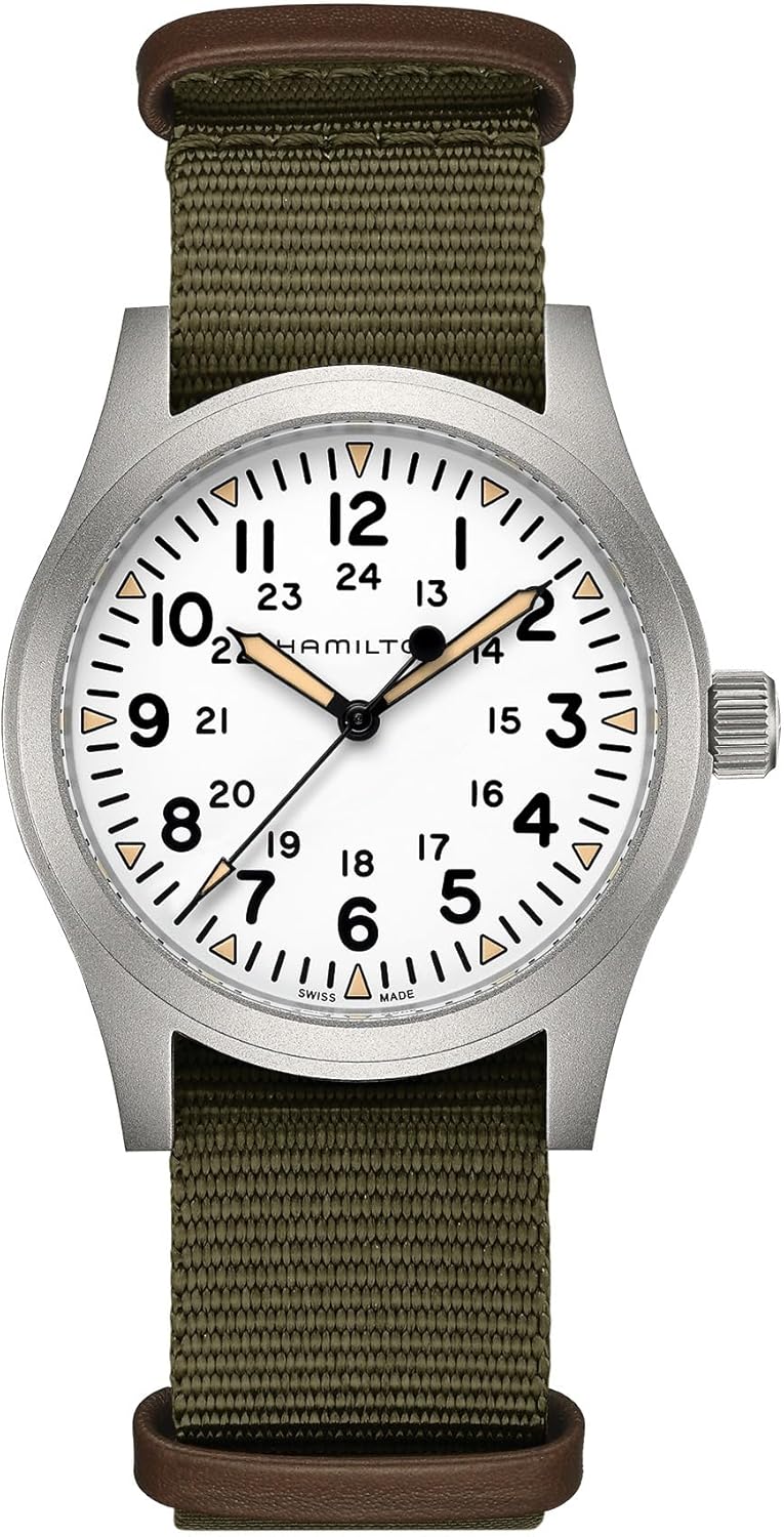Hamilton Watch Khaki Field Swiss Mechanical Watch 42mm Case, White Dial, Green Textile NATO Strap (Model: H69529913)