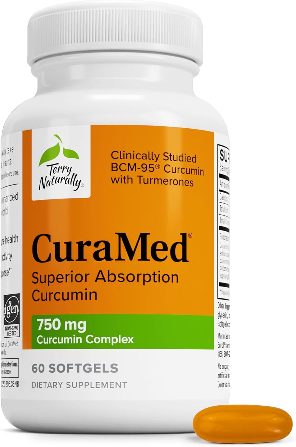 Terry Naturally CuraMed 750mg - Antioxidant Supplement for Brain & Heart Health Support - Dietary Supplement with High-Potency Curcumin Complex - Kidney, Liver & Immune Health Support - 60 Softgels