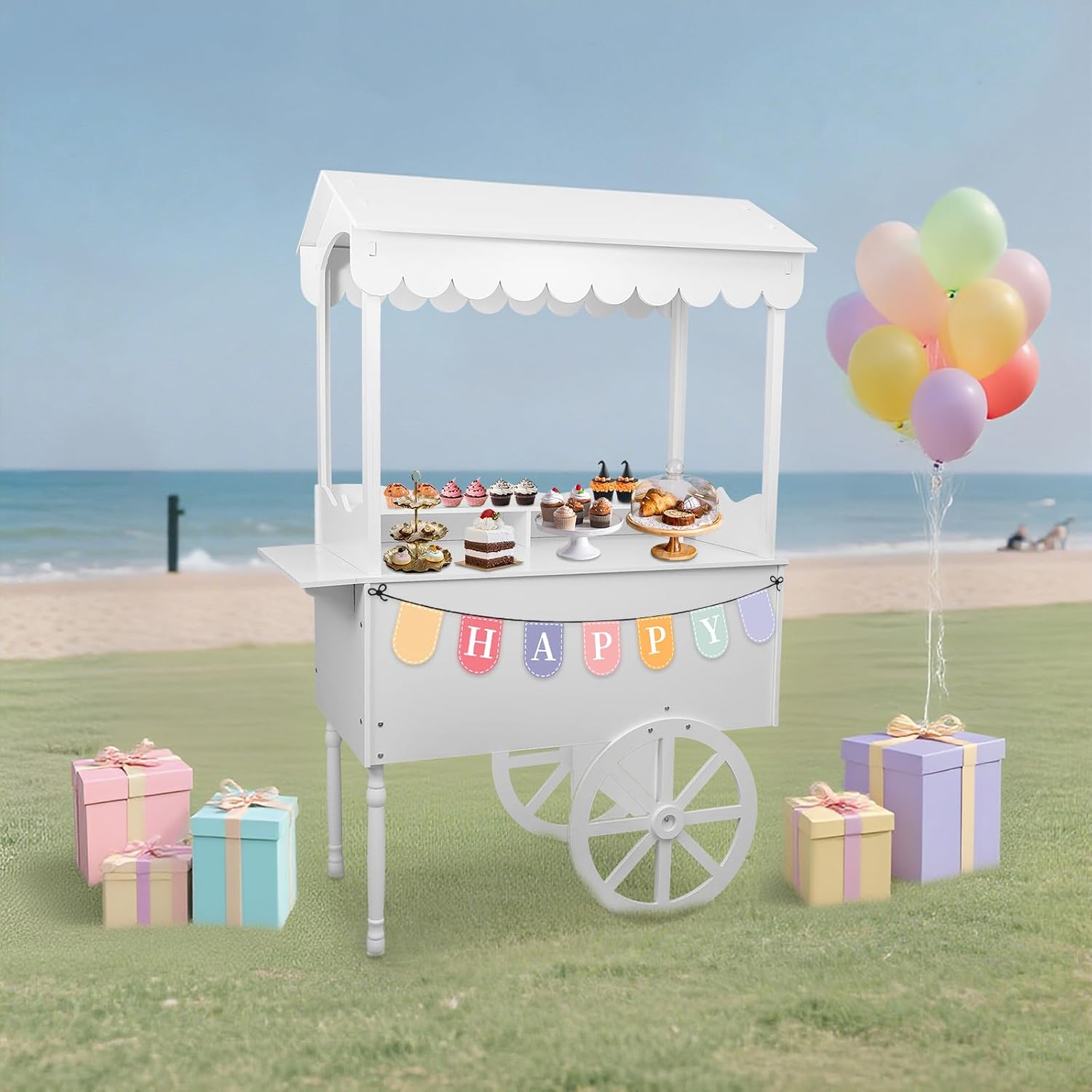 Vintage Candy Cart Display Stand, Snack Dessert Cart with Decorated Wheels