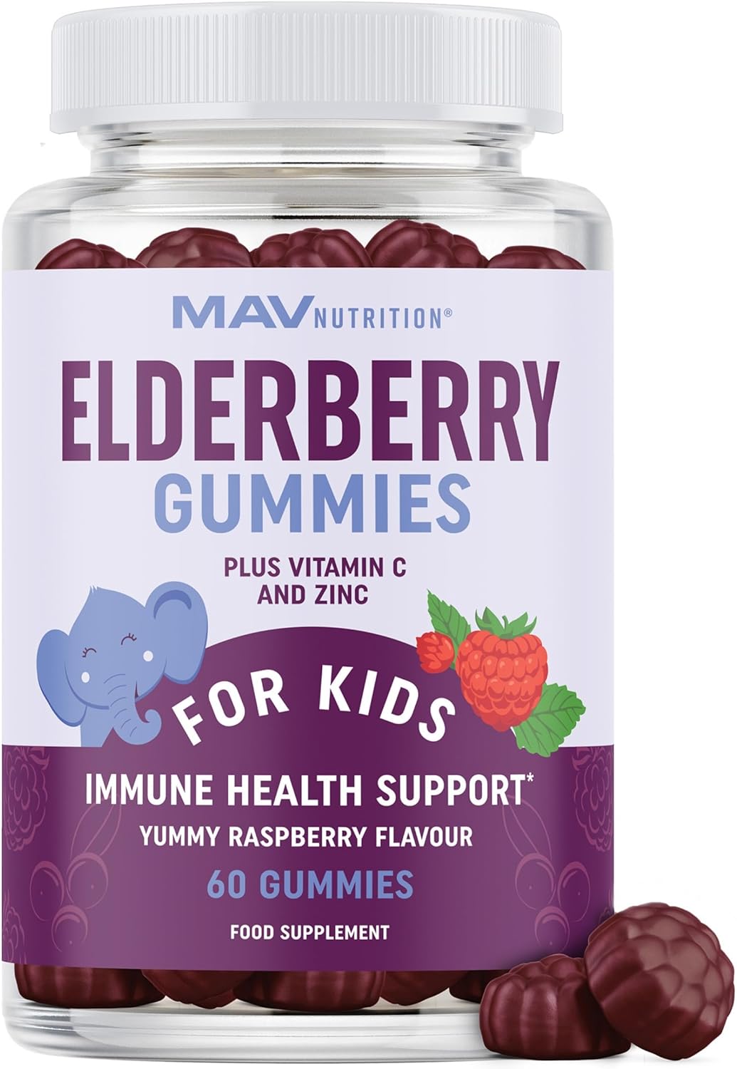 Elderberry Gummies for Kids 50mg with Vitamin C & Zinc for Healthy Immune Support | Raspberry Flavour | Designed for Ultimate Health & Wellness | Gluten-Free, Non-GMO & Natural Flavours | 60 Gummies