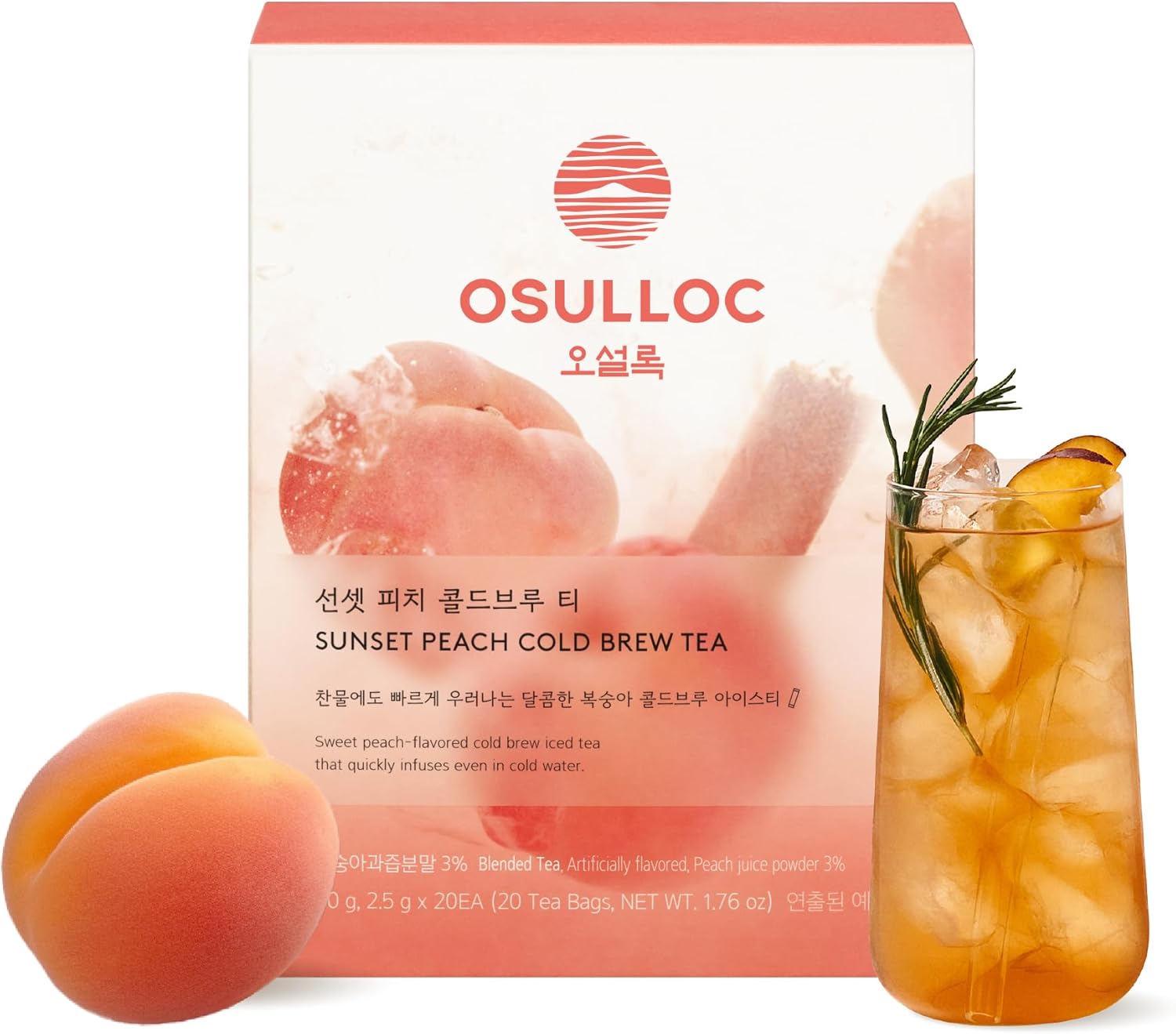 OSULLOC Sunset Peach Cold Brew Tea, Sweet peach flavored iced tea, Hydration Tea Packets (20ea, 1.76oz)