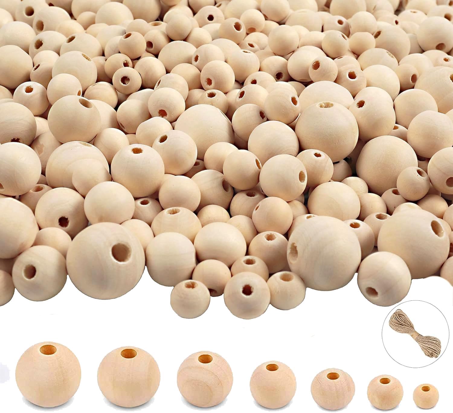 950pcs Wooden Beads for Crafts 7 Sizes Unfinished Natural Wood Bead Wooden Beads Bulk 6mm, 8mm, 10mm, 12mm, 14mm, 16mm, 20mm Bead for Garland Macrame Jewelry Making DIY Farmhouse Decor