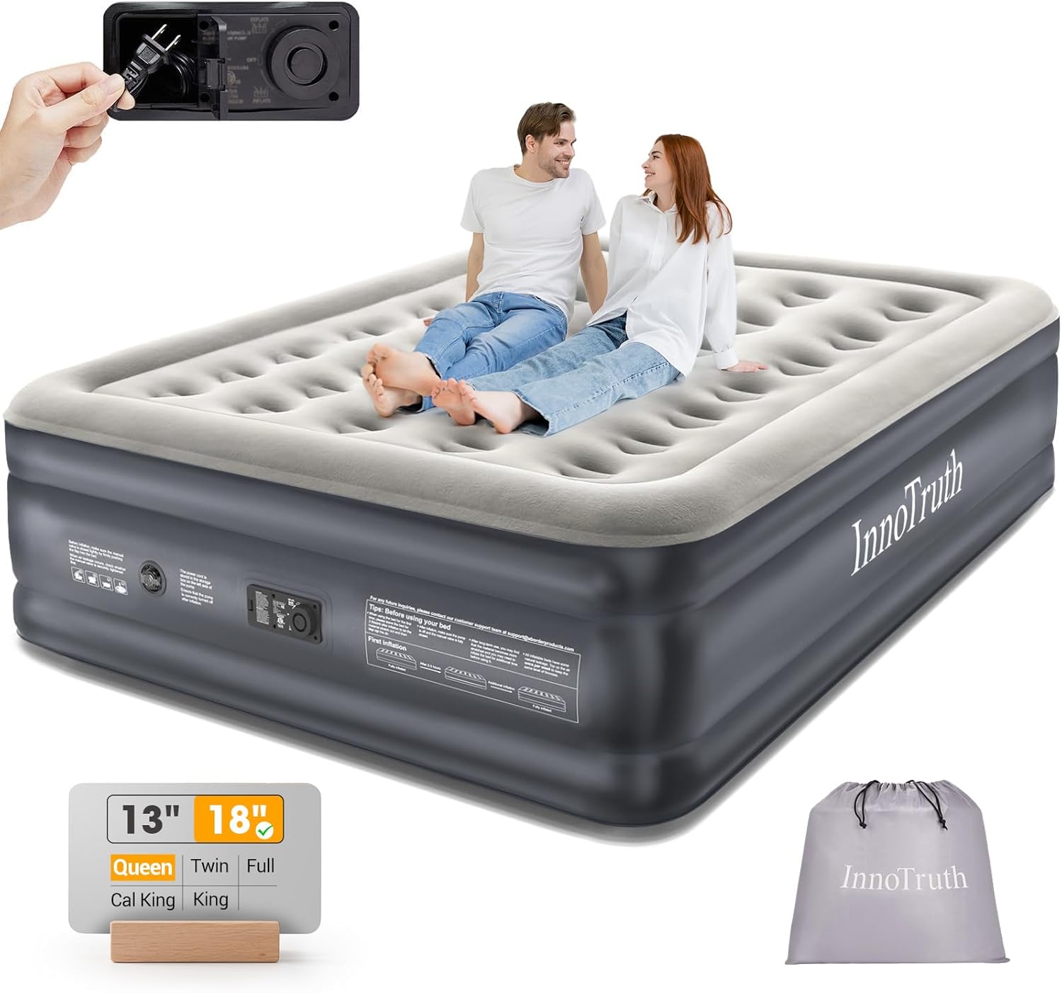InnoTruth Air Mattress Queen with Built in Pump, Inflatable Blow up Mattress, 18" Raised Colchones Inflables Air Bed for Guests & Home, Ideal for Home Use and Outdoor Camping, 650lb Weight Capacity