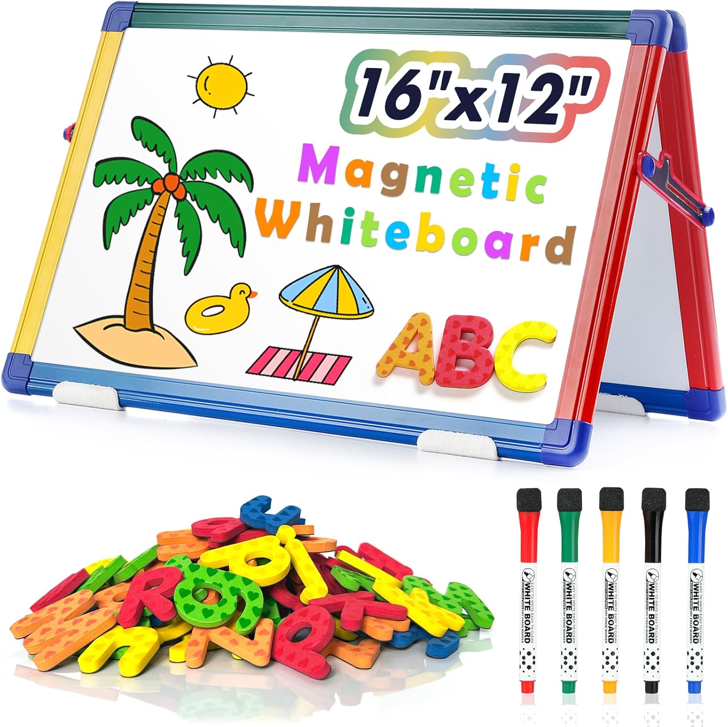 SWANCROWN Portable Dry Erase White Board for Kids, 16x12 inch Toddler Boy Girl Toys Magnetic Table top Whiteboard Small Double Sided Art Easel with 82Pcs Letter Magnets Magnetic Foldable Board