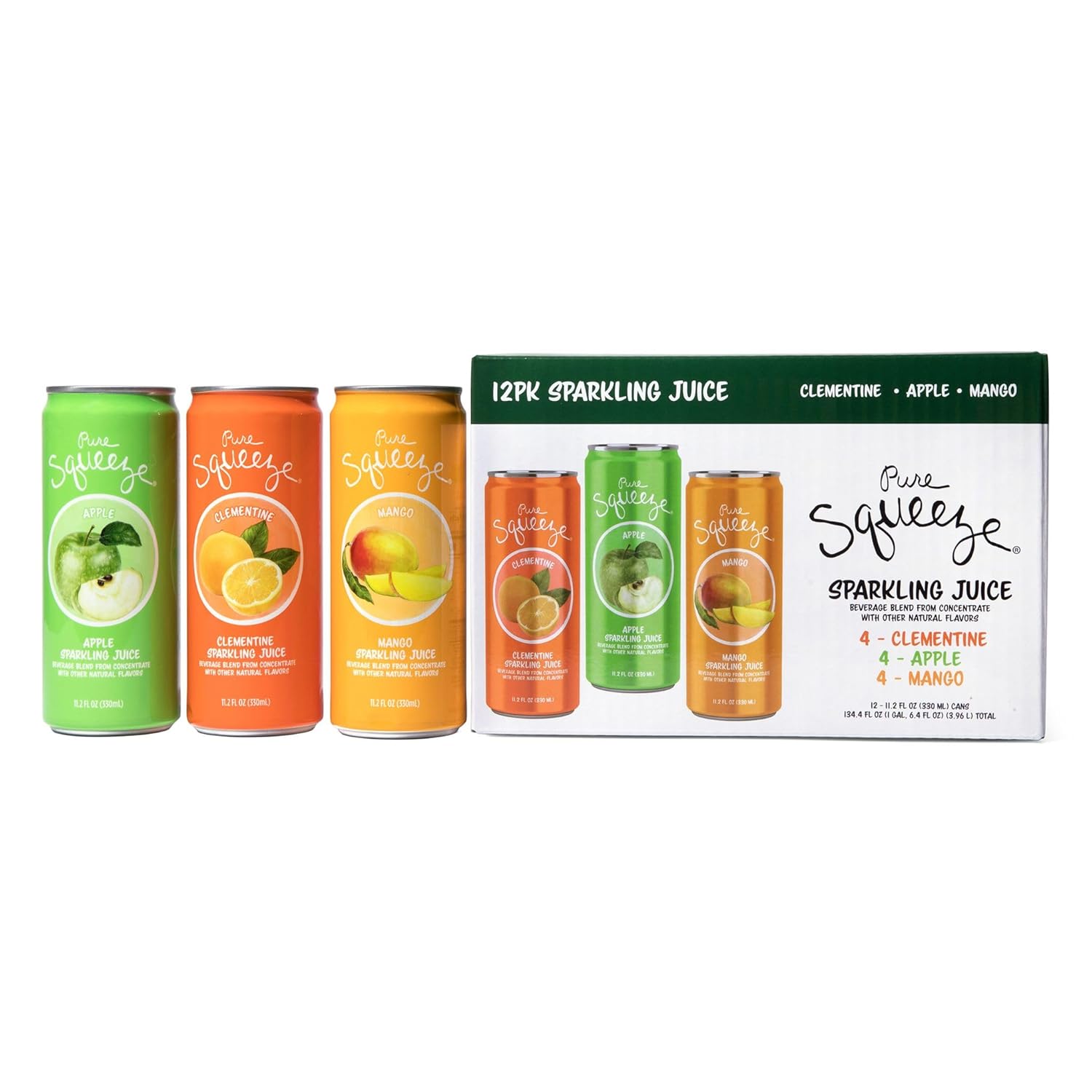 Pure Squeeze Sparkling Juice, 11.2 FL OZ Can (12ct Variety Pack), Clementine, Apple, Mango