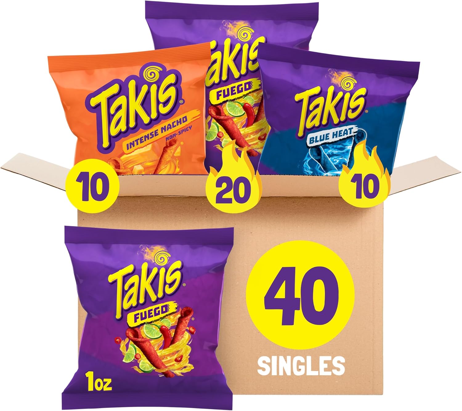 Takis Fuego (20), Blue Heat (10) and Intense Nacho (10) Rolled Tortilla Chips, Hot Chili Pepper Lime, Flavored Chips Hero Pack Variety Pack, 40 Individual Bags, 1 Ounce Each