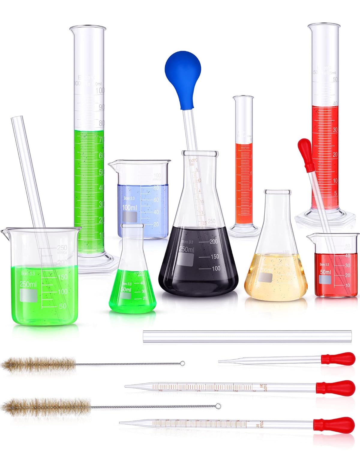 18 Pieces Lab Glassware Set Beaker Flask Cylinder Set Includes 3 Glass Beakers 3 Erlenmeyer Flasks 3 Graduated Measuring Cylinders with Droppers Brushes and Glass Stirring Rod for Lab Experiment