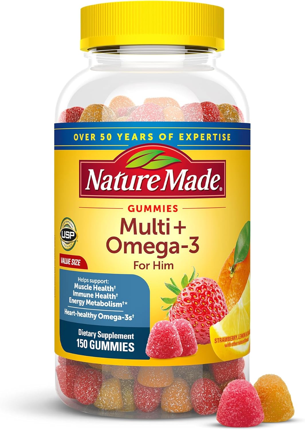 Nature Made Multivitamin for Him with Omega-3, Mens Multivitamins for Daily Nutritional Support, Multivitamin for Men, 150 Gummy Vitamins and Minerals, 75 Day Supply