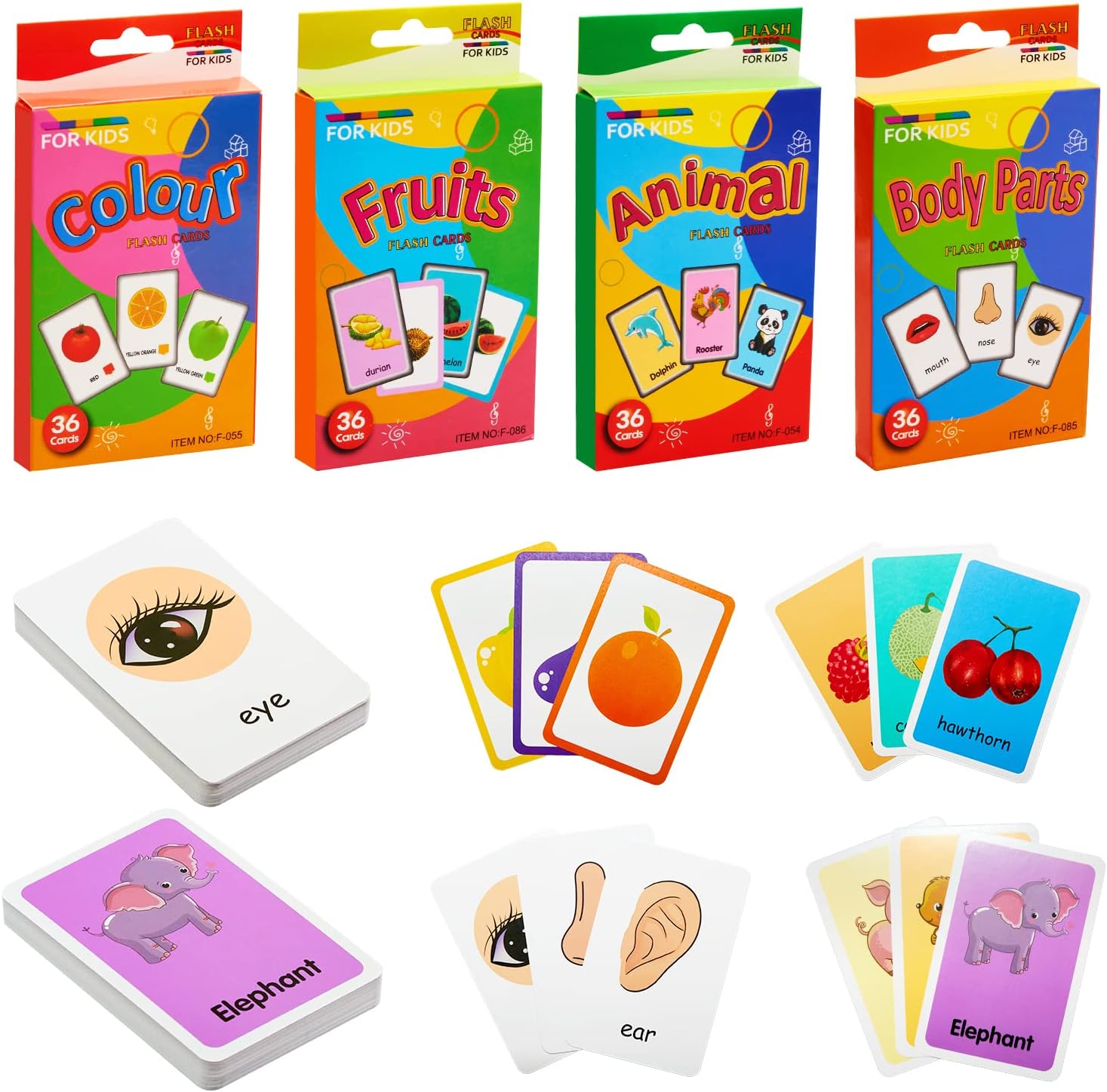 TOPBELIEF 144 Pieces Educational Toddler Flash Cards, 4 Pack Preschool Early Learning, Animal Colour Fruits Body Parts for Object Recognition Alphabet Reading & Spelling (36 Pcs/Pack)