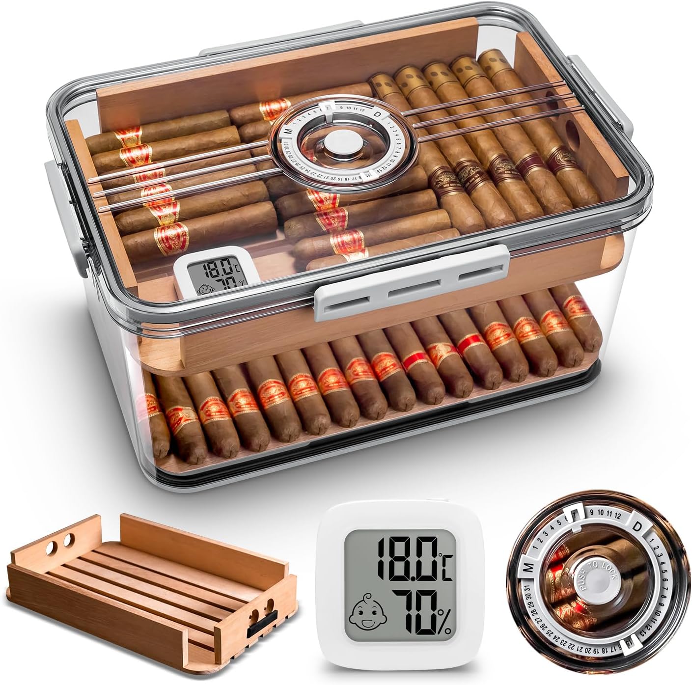 CIGARLOONG Cigar Humidor Large Accommodate 100 Cigars,Built-in Cedar Wood Shelf with High Precision Hygrometer Transparent Cigar Storage Box
