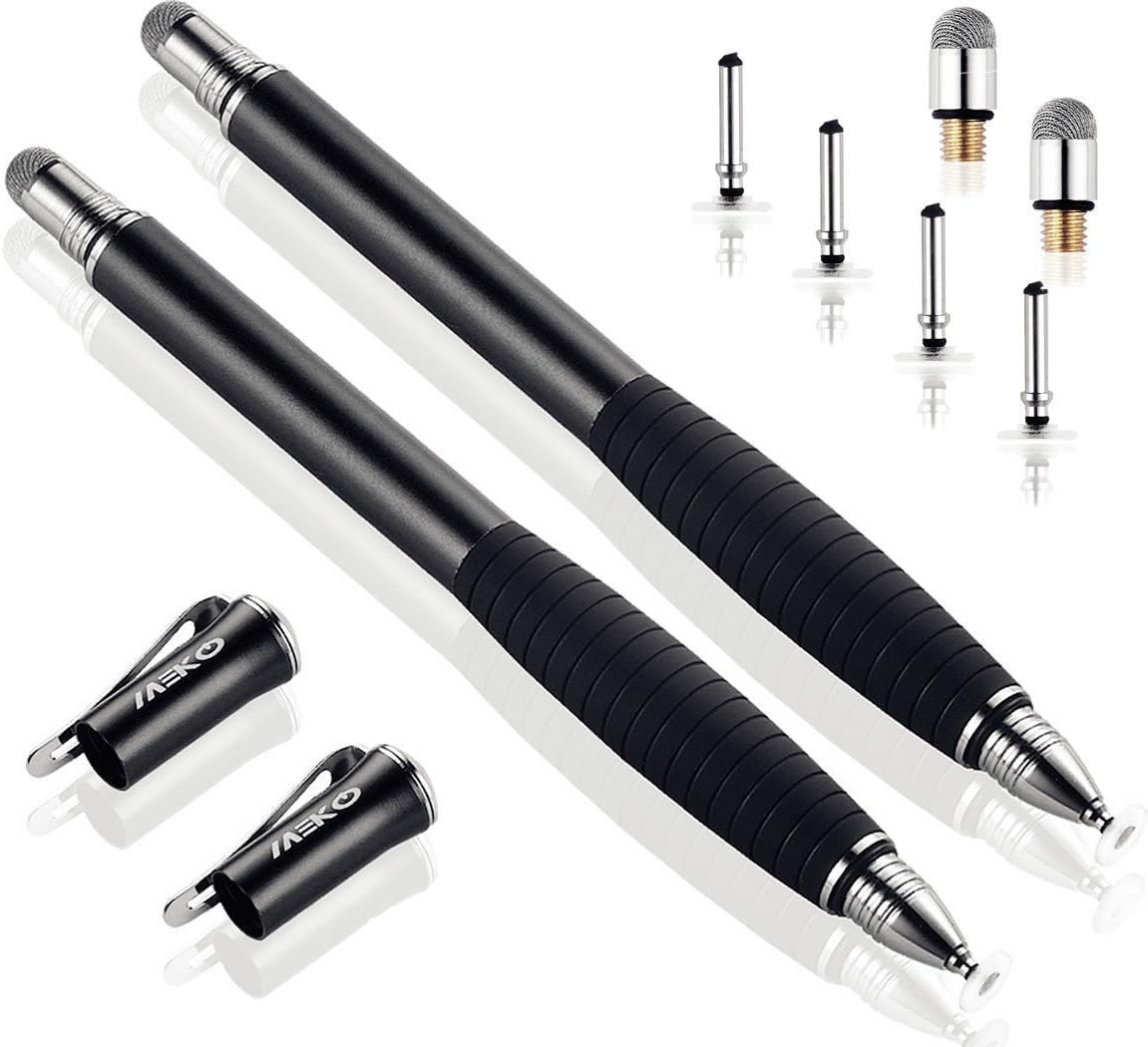 MEKO (2nd Generation) [2 in 1 Precision Series] Disc Stylus Pen for iPhone, iPad Pro/Mini/Air, Samsung Galaxy Note and All Touch Screen Devices Bundle with 6 Replacement Tips,Pack of 2(Black/Black)