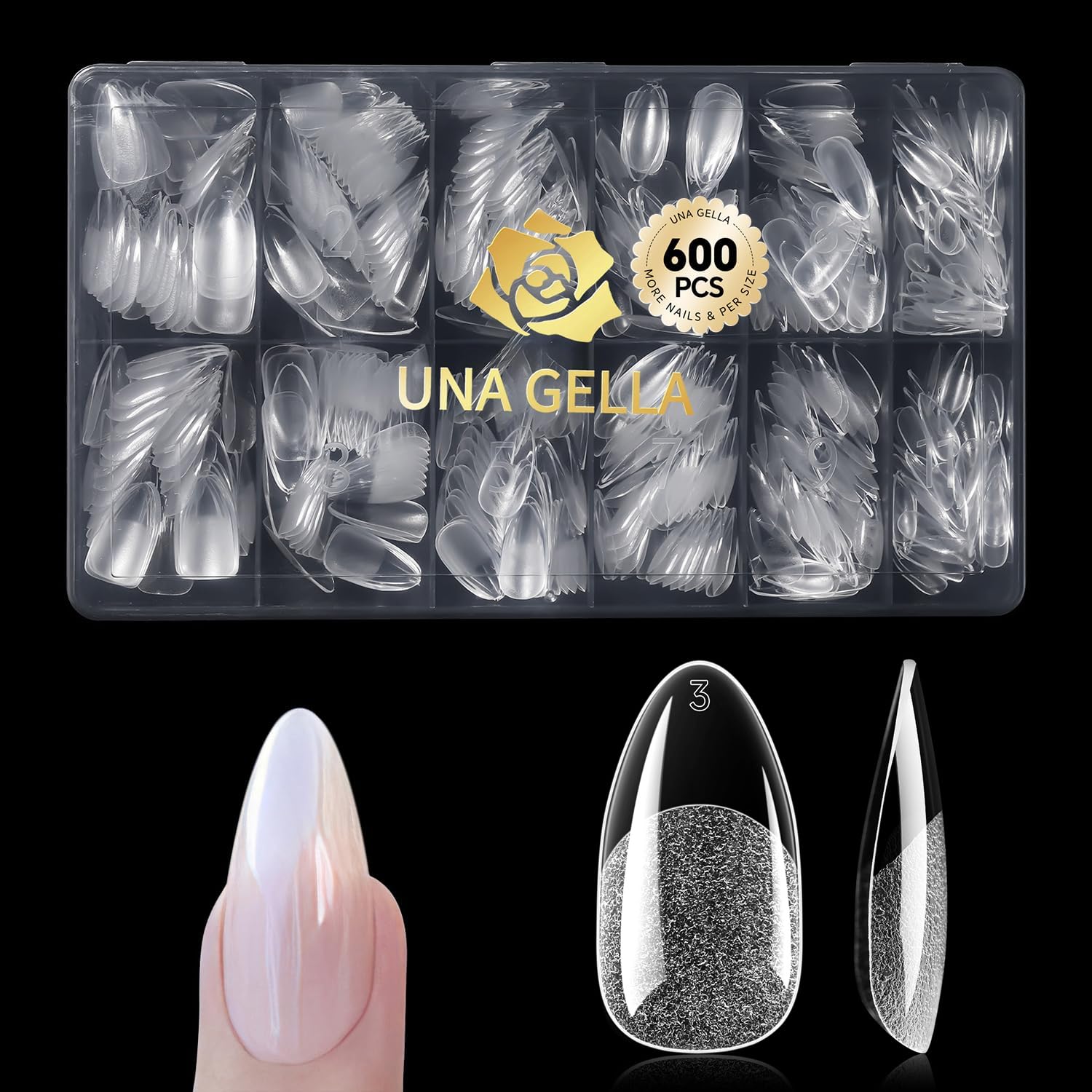 UNA GELLA 600 Pcs Almond Gel Nail Tips, Pre Etched Medium Almond Nail Tips