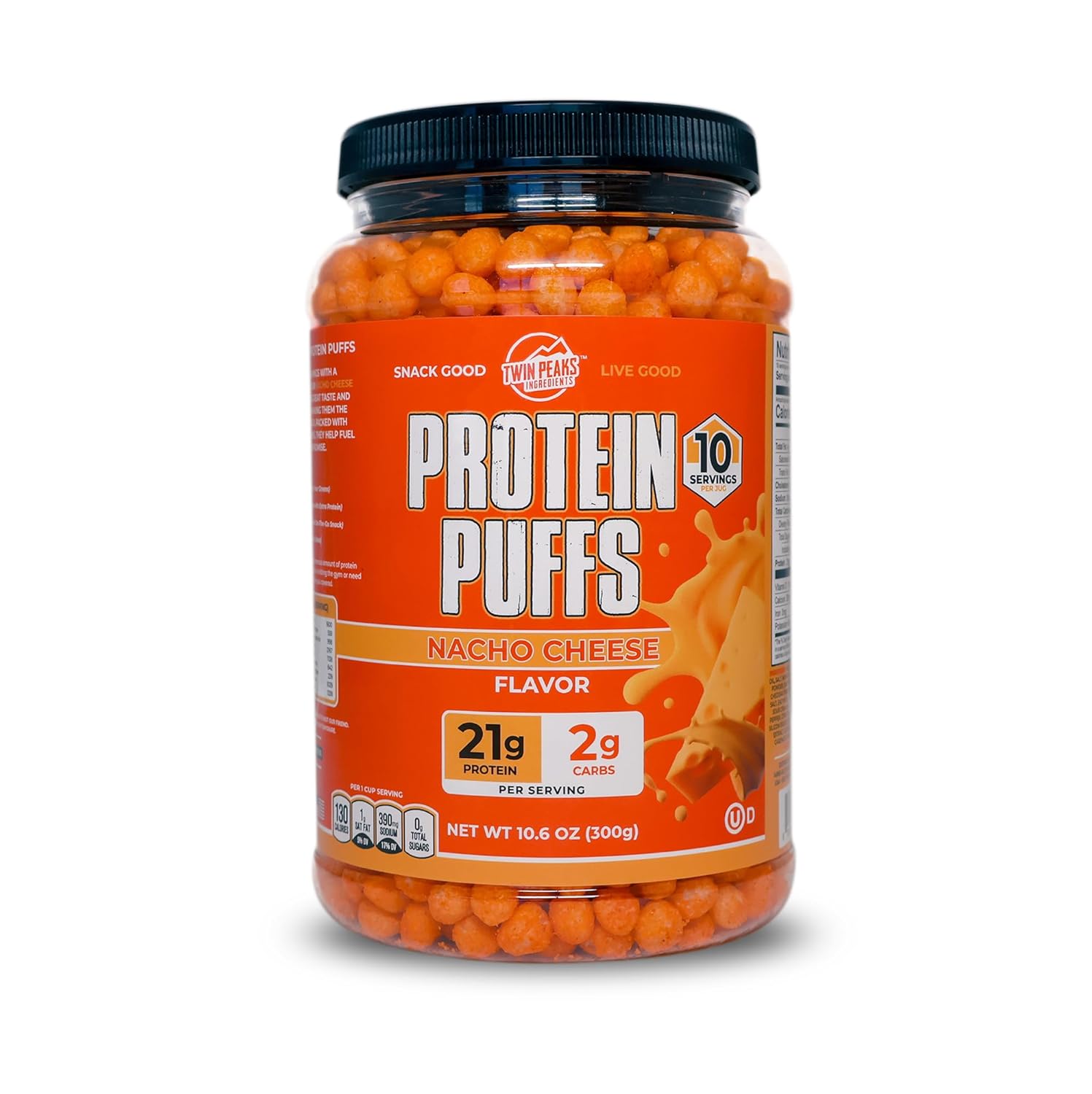 Twin Peaks Protein Puffs - (Nacho Cheese), Keto Friendly, Low Carb Snack (300g, 21g Protein, 2g Net Carbs, High Protein, Healthy Crunchy Snack)