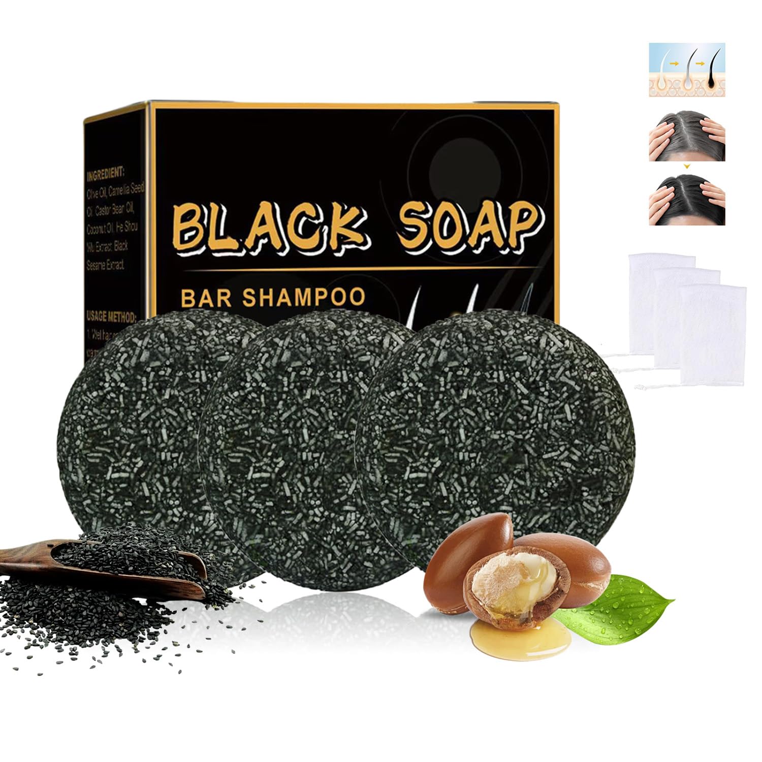 Gray Hair Reverse Bar Soap, Natural Black Soap for Gray Hair Coverage, Mane Gray Reverse Shampoo Bar Darkening for Men Women with Ginseng & Black Sesame, Eco-friendly Moisturizing Scalp Care, 3 PCS
