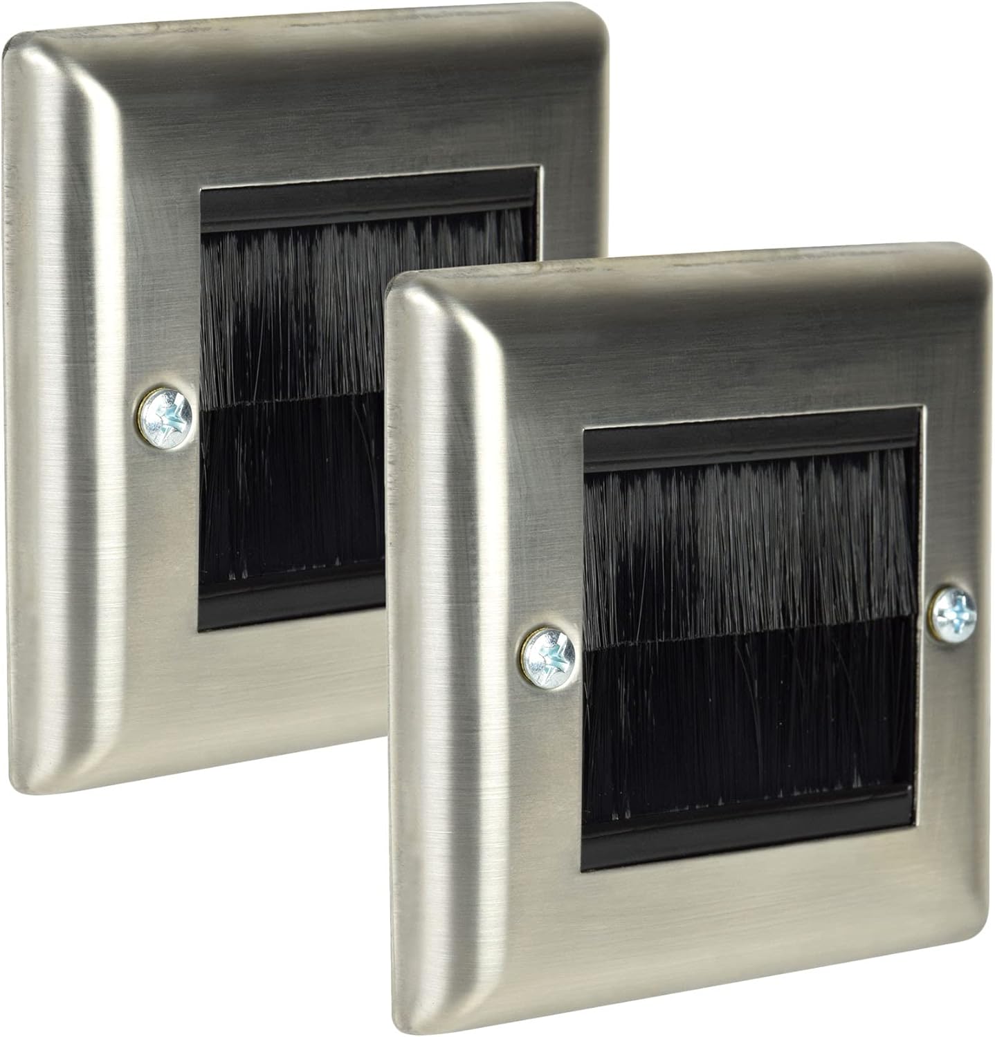 Ex-Pro 2 Pack Brush Wall Plate, Single Gang Steel Flush Wall Mounted Faceplate for Outlets, Sockets and Tidy Wire and Cable - Silver