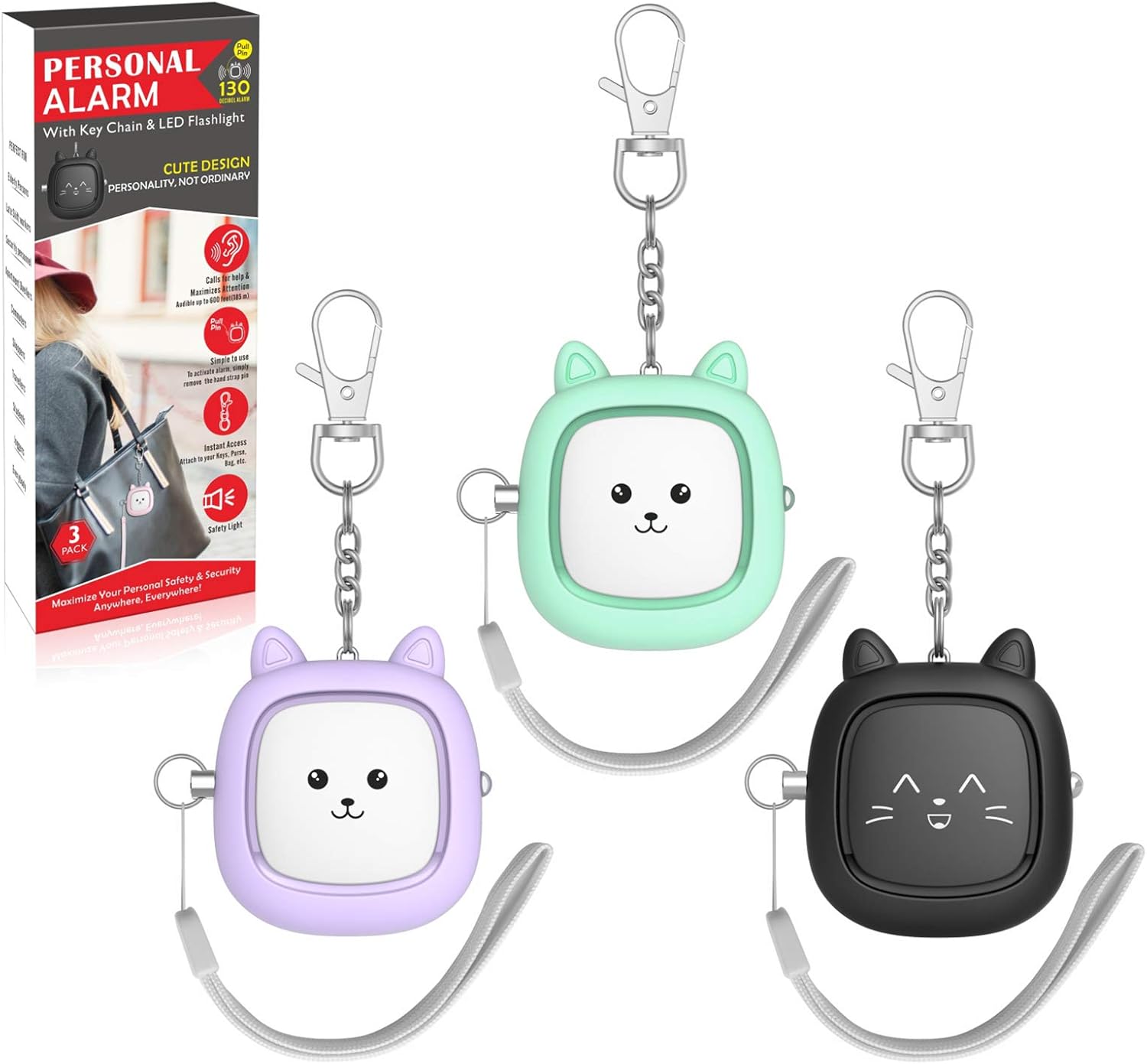 Safe Sound Personal Alarm,3 Pack 130 dB Loud Siren Song Emergency Security Alarm Keychain with LED Light, Personal Sound Safety Siren for Women, Men, Children, Elderly (Black/Purple/Green)