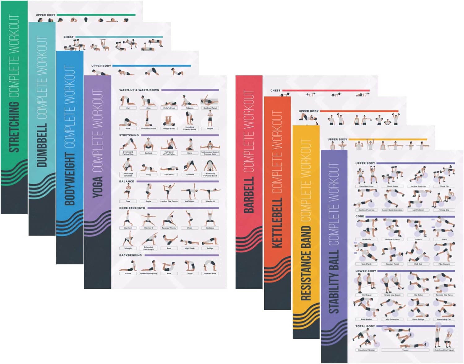 FitMate 8-Pack Workout Exercise Poster Bundle Set - Dumbbell, Barbell, Bodyweight, Kettlebell, and More Fitness Gym Workout Routine with Free Weights Home Gym Decor, Room Guide